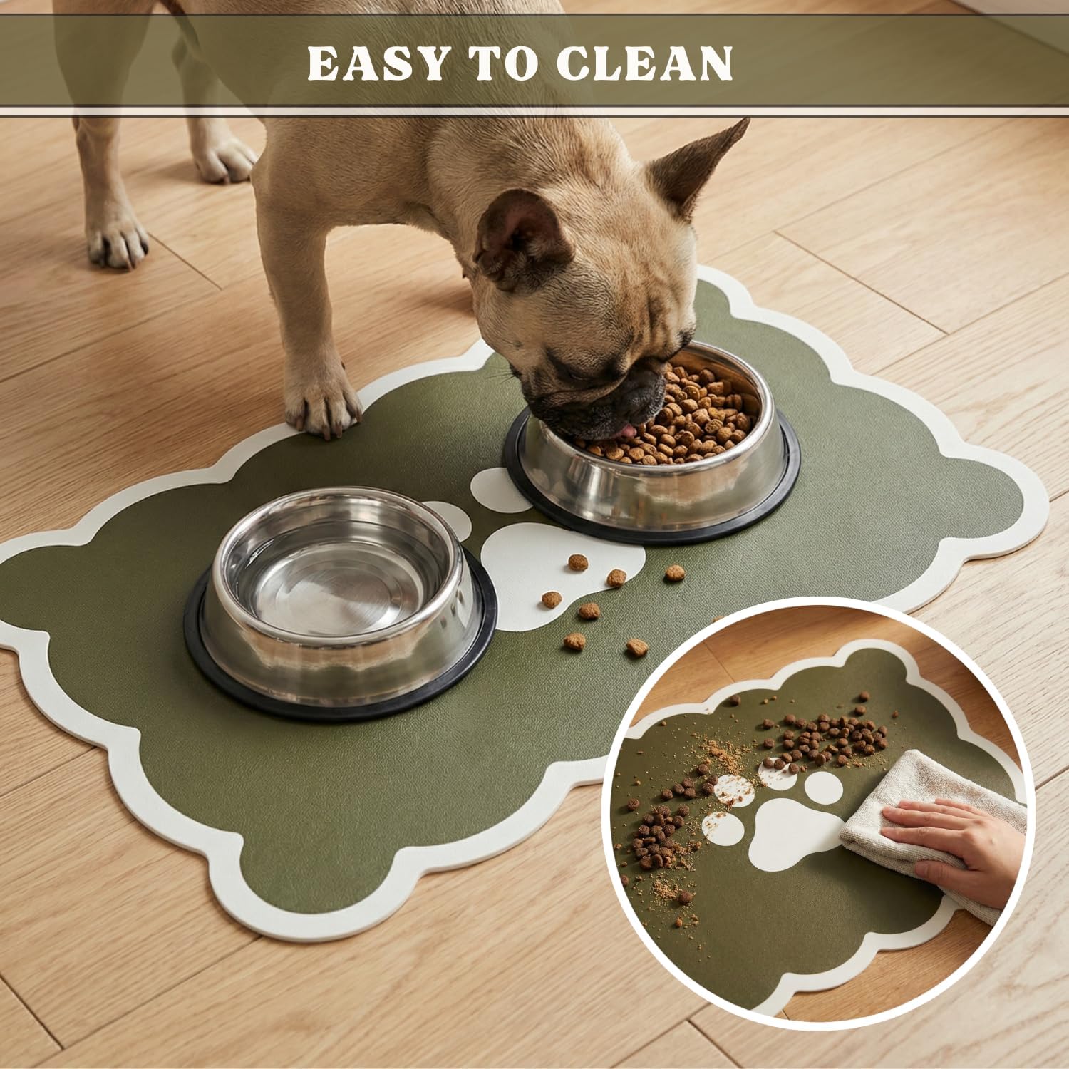 Detalle de Absorbent Pet Food Mat with Scalloped Edge – 30 x 50cm, Sage Green