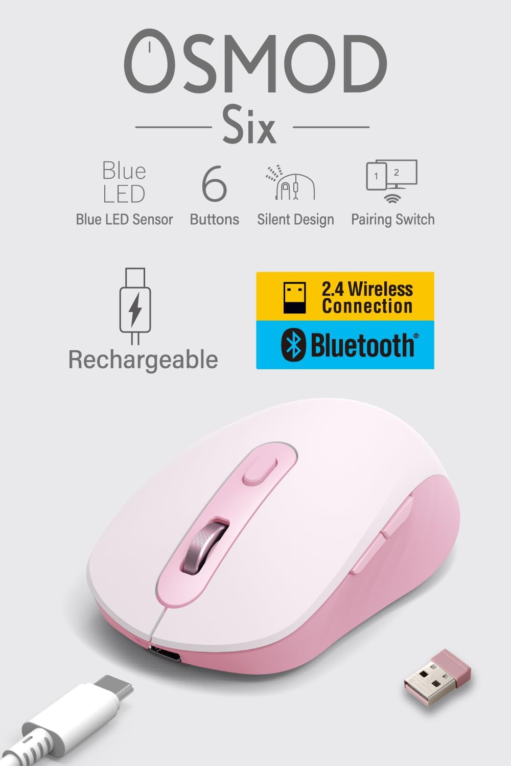 Detalle 2 de エレコム OSMOD Six M-MY35MBSAPN ワイヤレスマウス 静音・充電式・6ボタン ピンク