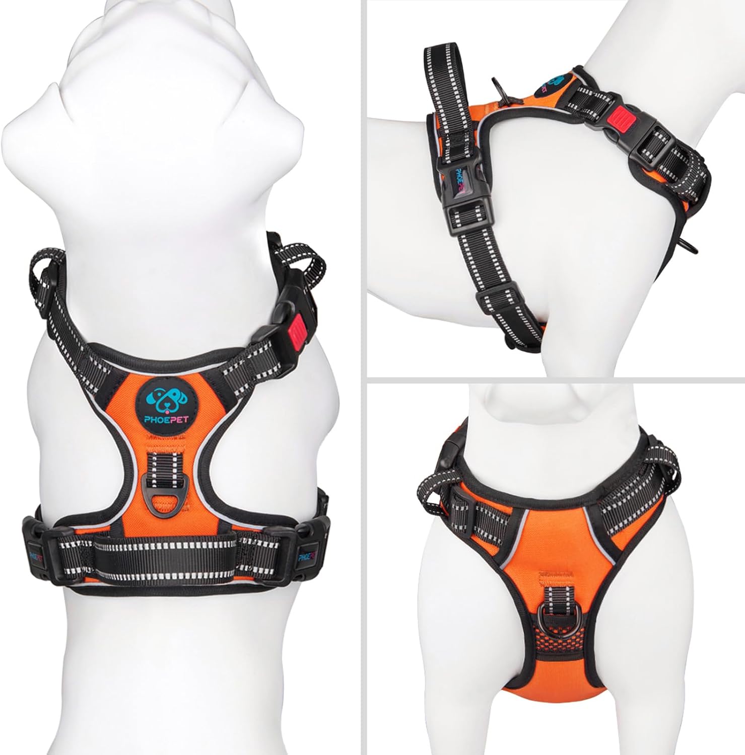 Detalle de PHOEPET No Pull Dog Harness: Adjustable Vest with Front & Back D-Rings, Reflective Strips and Emergency Handle