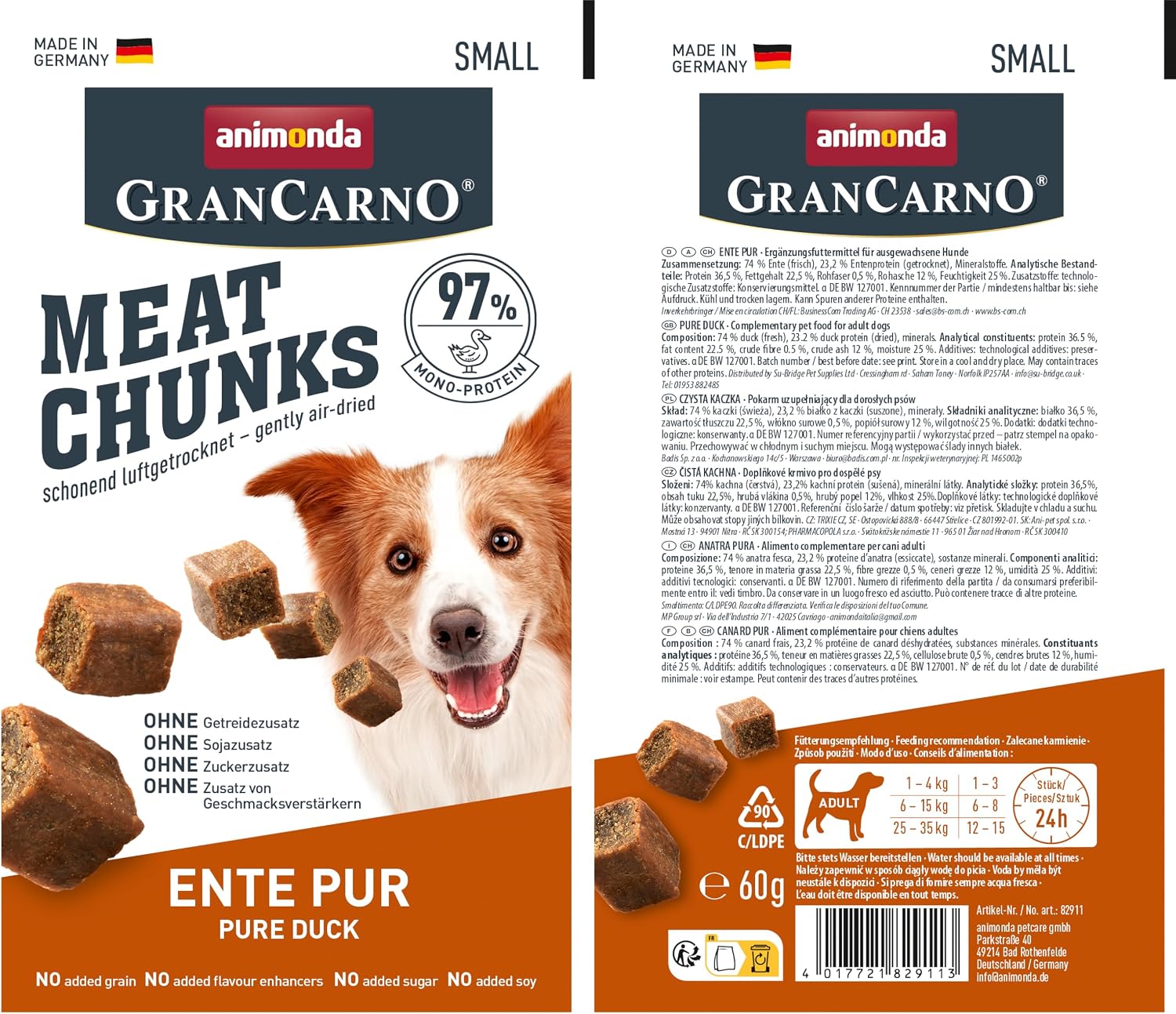Detalle 2 de Animonda Meat Chunks Small Canard Pur (60 g) – Friandises sans céréales pour chien adulte