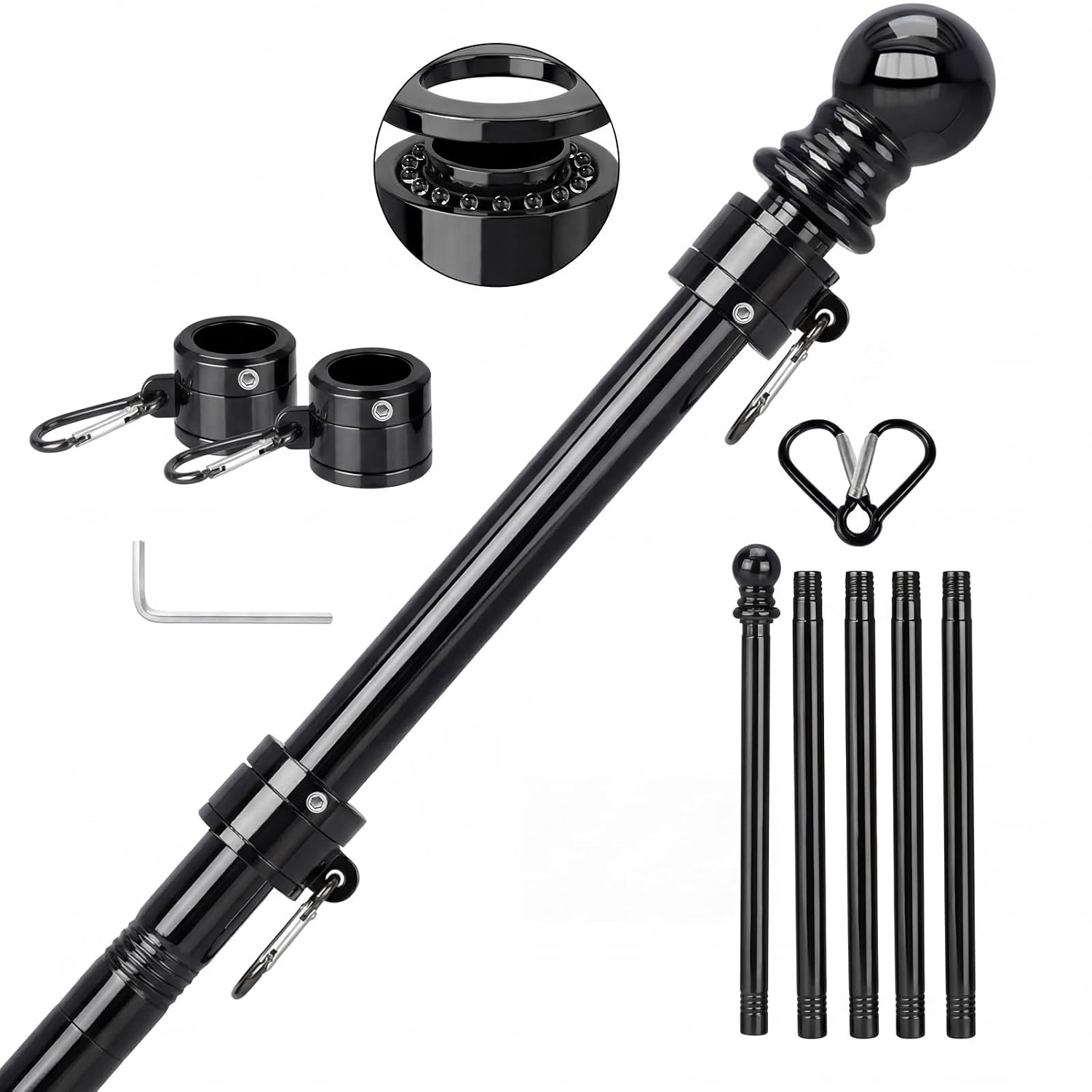 Detalle de SEEKNEW QG011-BK 6 ft Stainless Steel Flagpole, Black, Adjustable 5-Section