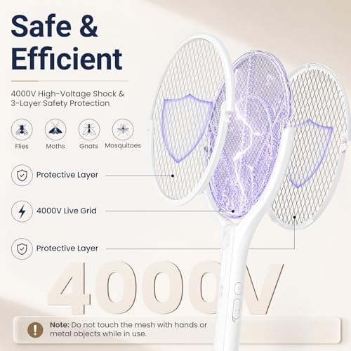 Thumbnail 1 de BKXCHA Raqueta Mosquitos Eléctrica con Pértiga Telescópica y Cabezal Giratorio (4000V, 1800mAh) – 2 en 1, Luz LED y Mata Moscas