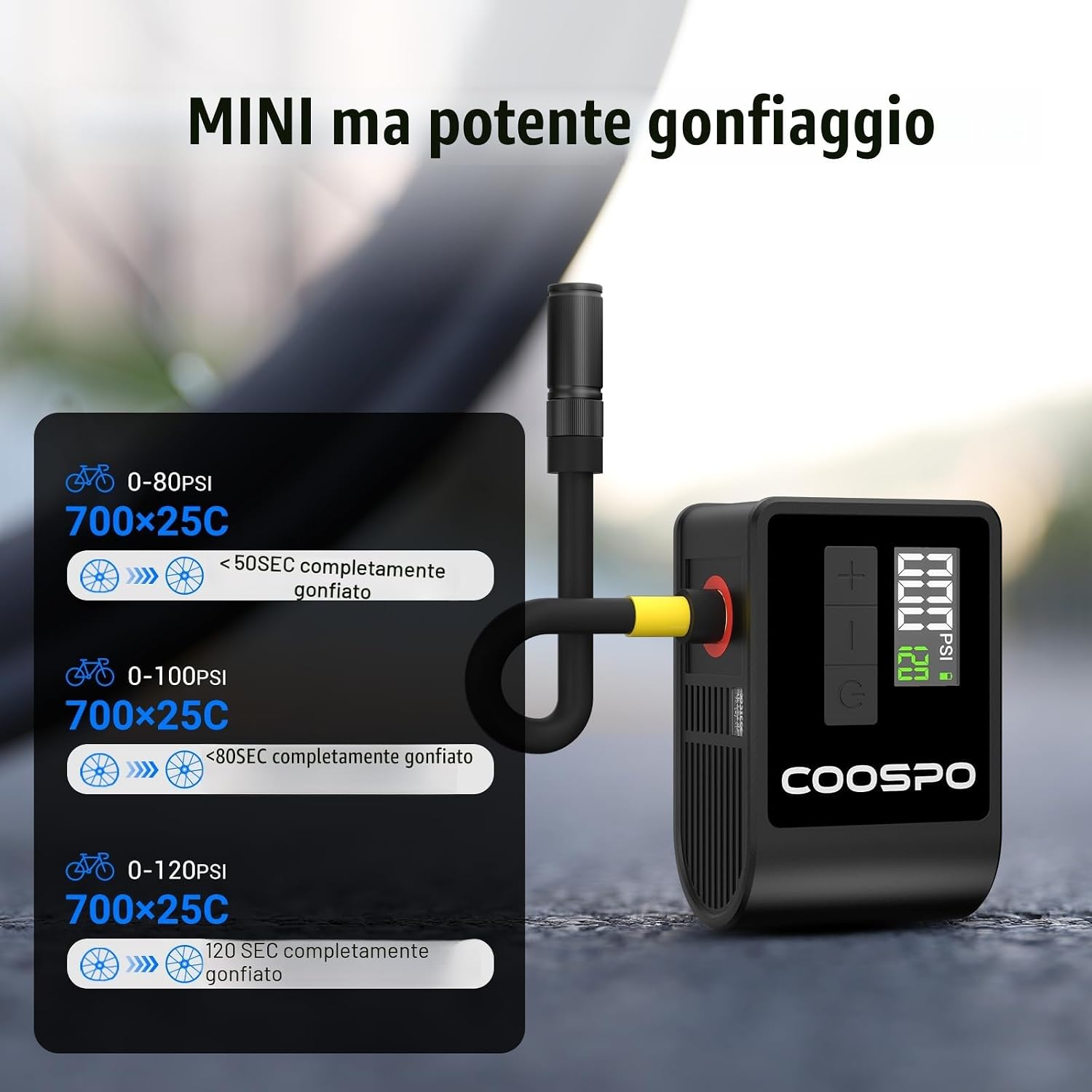 Detalle de CooSpo Mini Pompa Elettrica per Bicicletta — 120 PSI, Portatile con spegnimento automatico e valvole Presta/Schrader