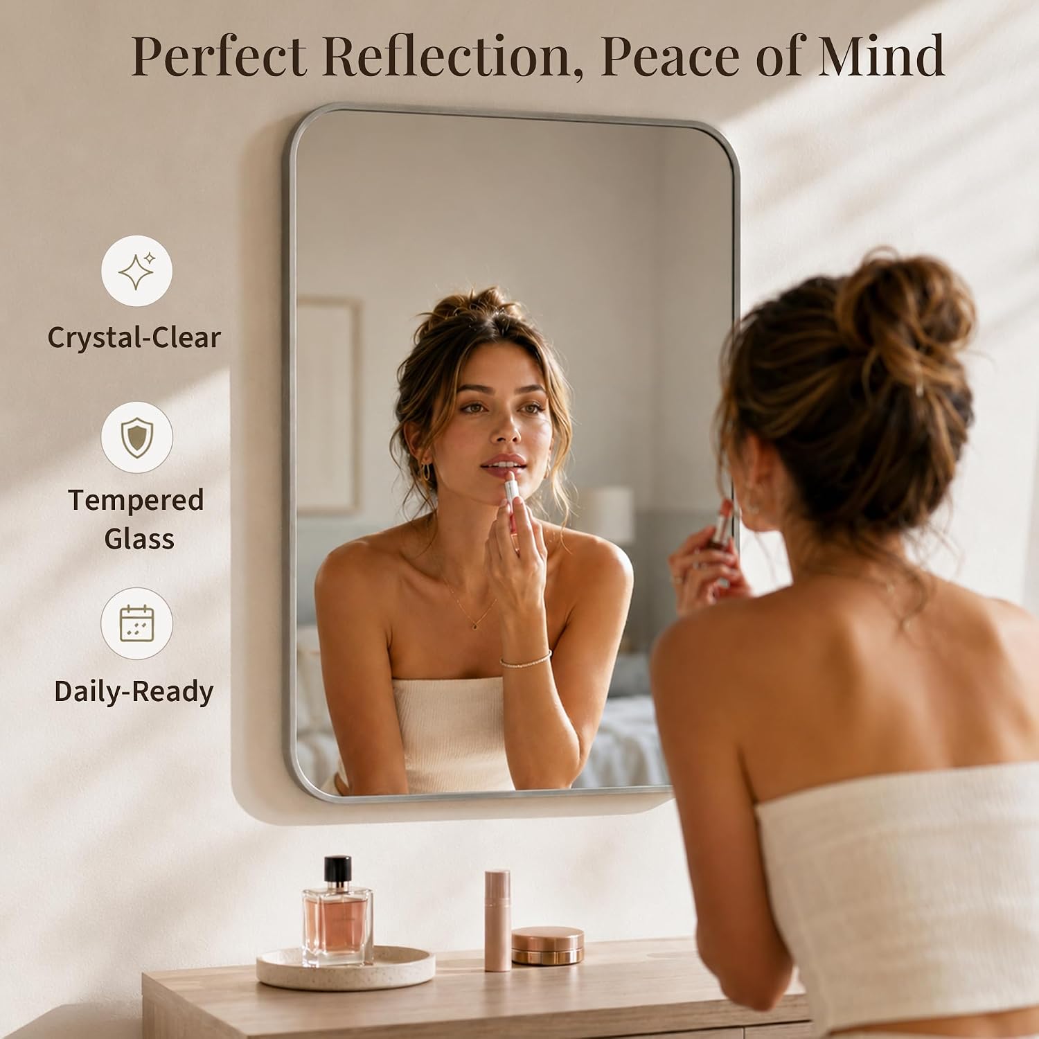 Detalle de Pocetry 24x36 Inch Brushed Nickel Rounded Rectangle Vanity Mirrors (2-Pack) with Slim Aluminum Frame