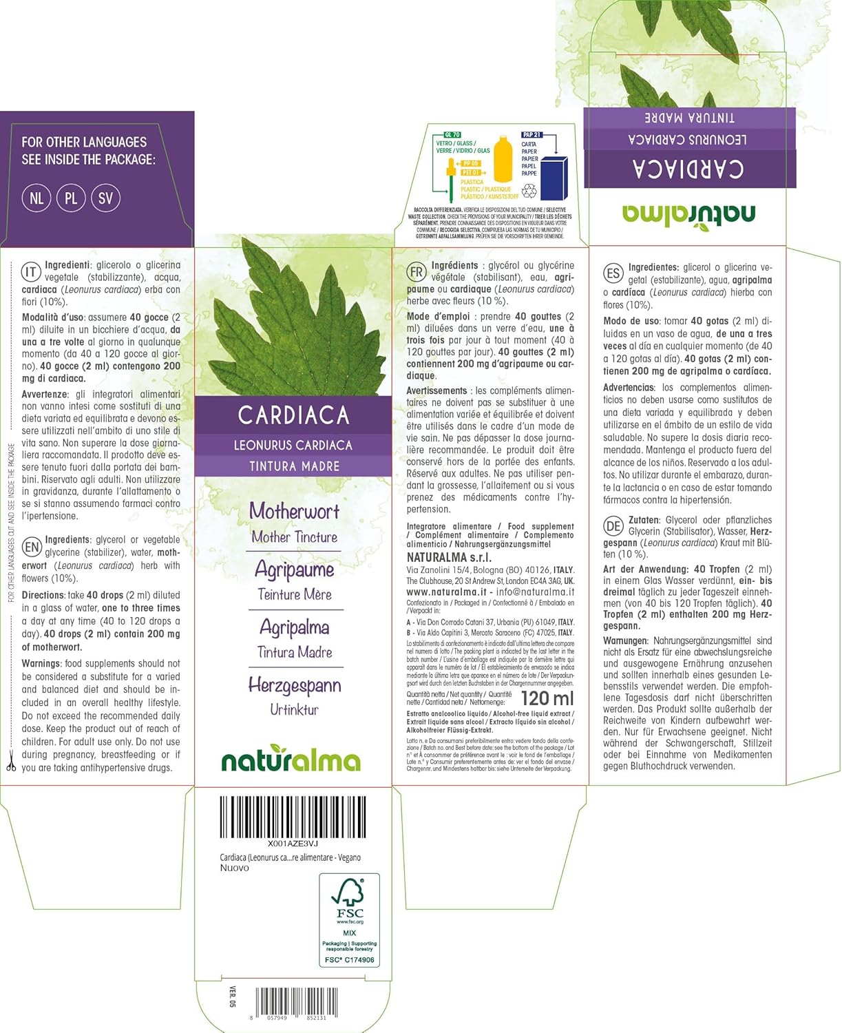 Thumbnail 1 de Cardiaca 120 ml di Naturalma: Tintura Madre analcoolica di Leonurus cardiaca in gocce, integratore vegano