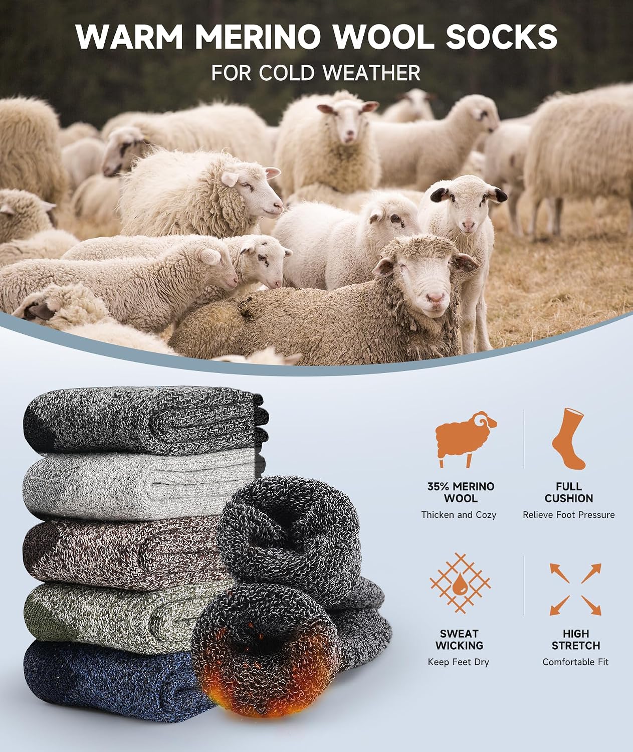 Detalle 2 de YUTYTH Merino Wool Socks Mens - 5 Pairs Thick Winter Wool Hiking Socks, Warm Thermal Mens Crew Socks Breathable Moisture-Wicking Outdoor Boot
YUTYTH Merino Wool Socks Mens - 5 Pairs Thick Winte…