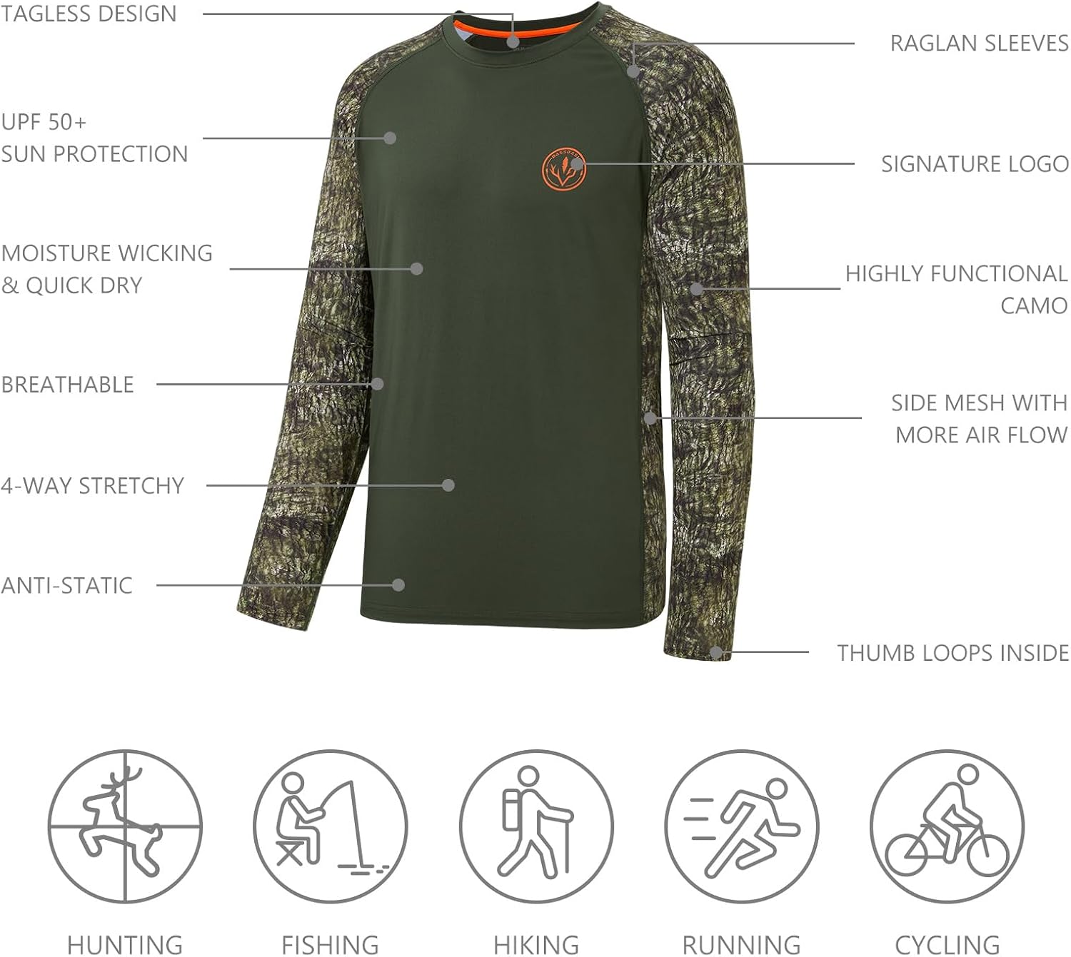 Detalle 1 de Bassdash BASSDASH-Unknown Men's Camo Hunting Shirt, UPF 50+ with Mesh Panels