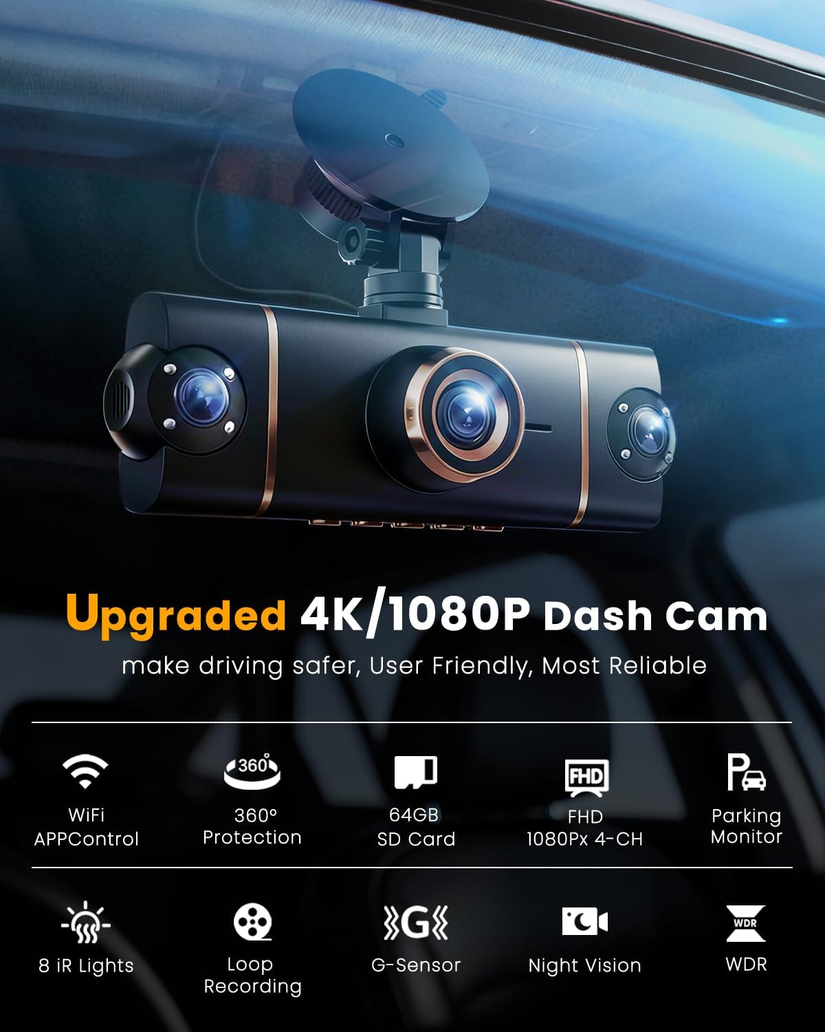 Thumbnail 1 de 4-Channel 4K Dash Cam with 5G WiFi, GPS and 24H Parking Mode (Front/Rear/Inside/Side, 64GB included)