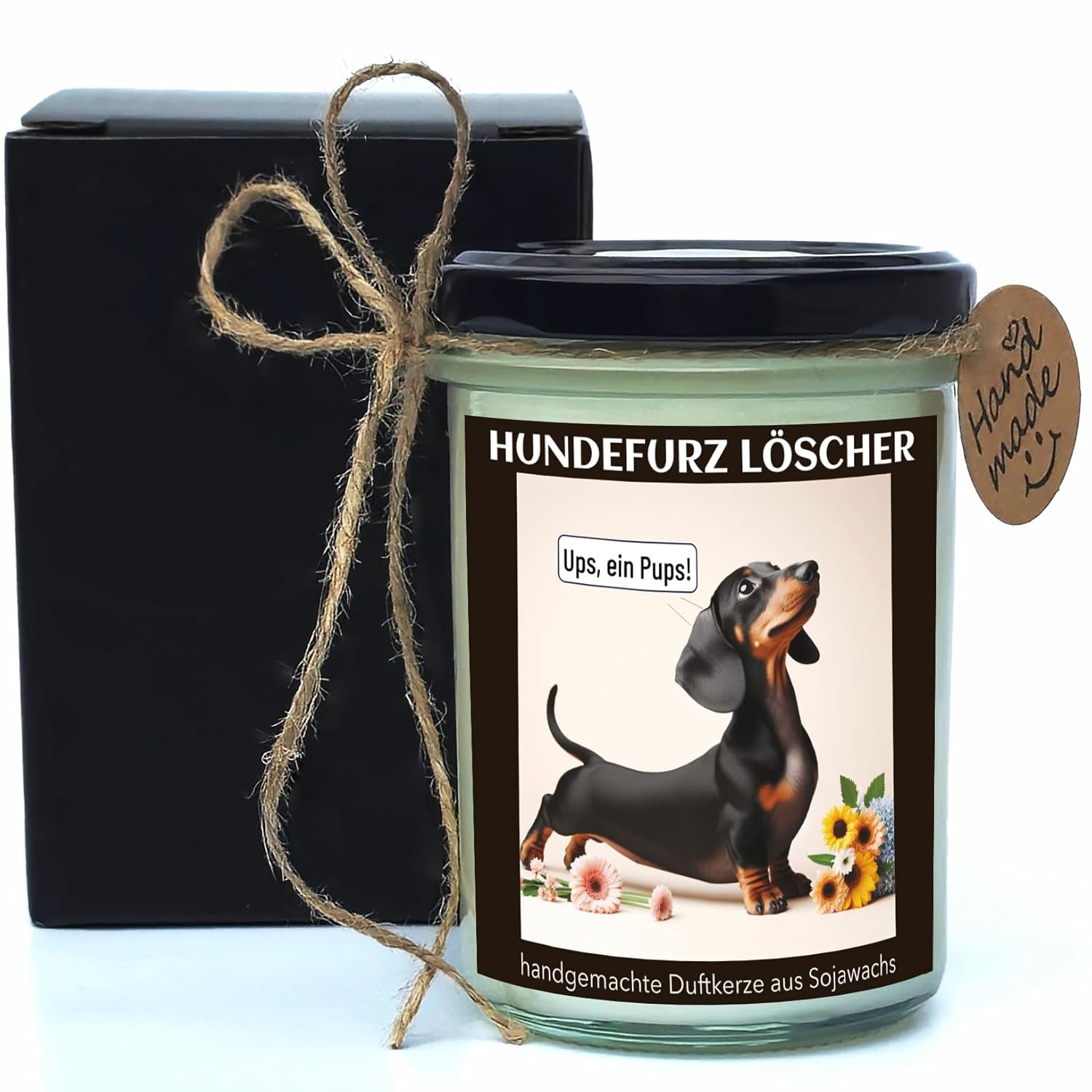 Duftkerze mit Dackel-Motiv „Ups, noch ein Pups“ – handgemacht aus Sojawachs (Apfel-Zimt, 160 g)