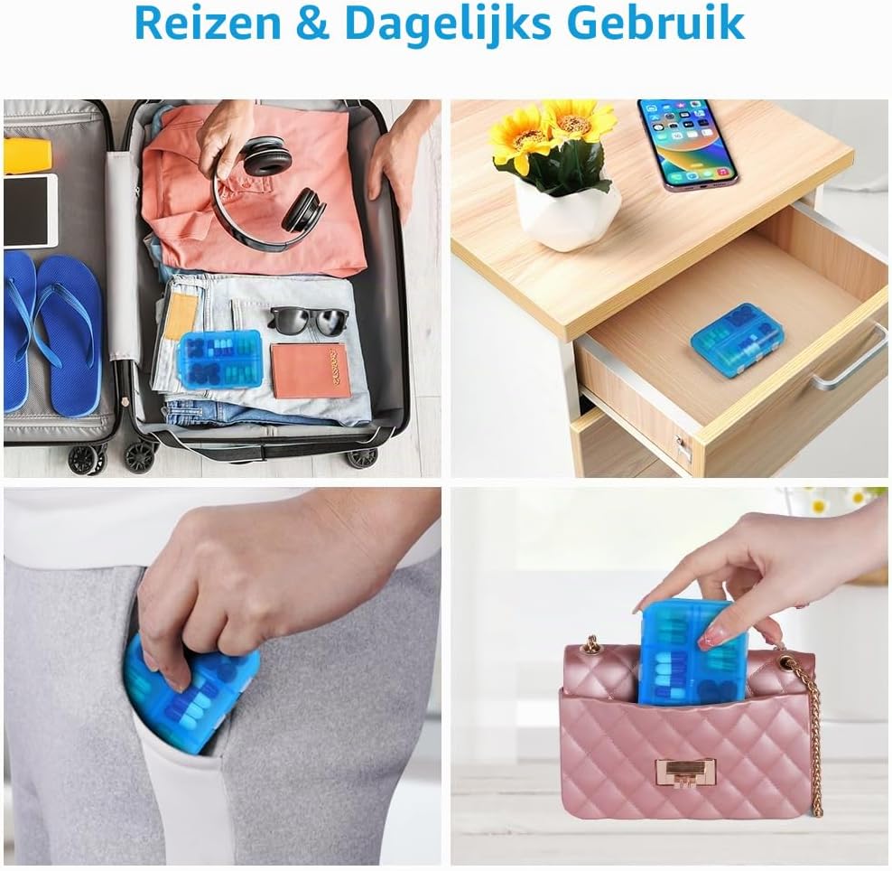 Detalle de ACWOO pillendoos met 10 vakjes, blauw kunststof en kliksluiting