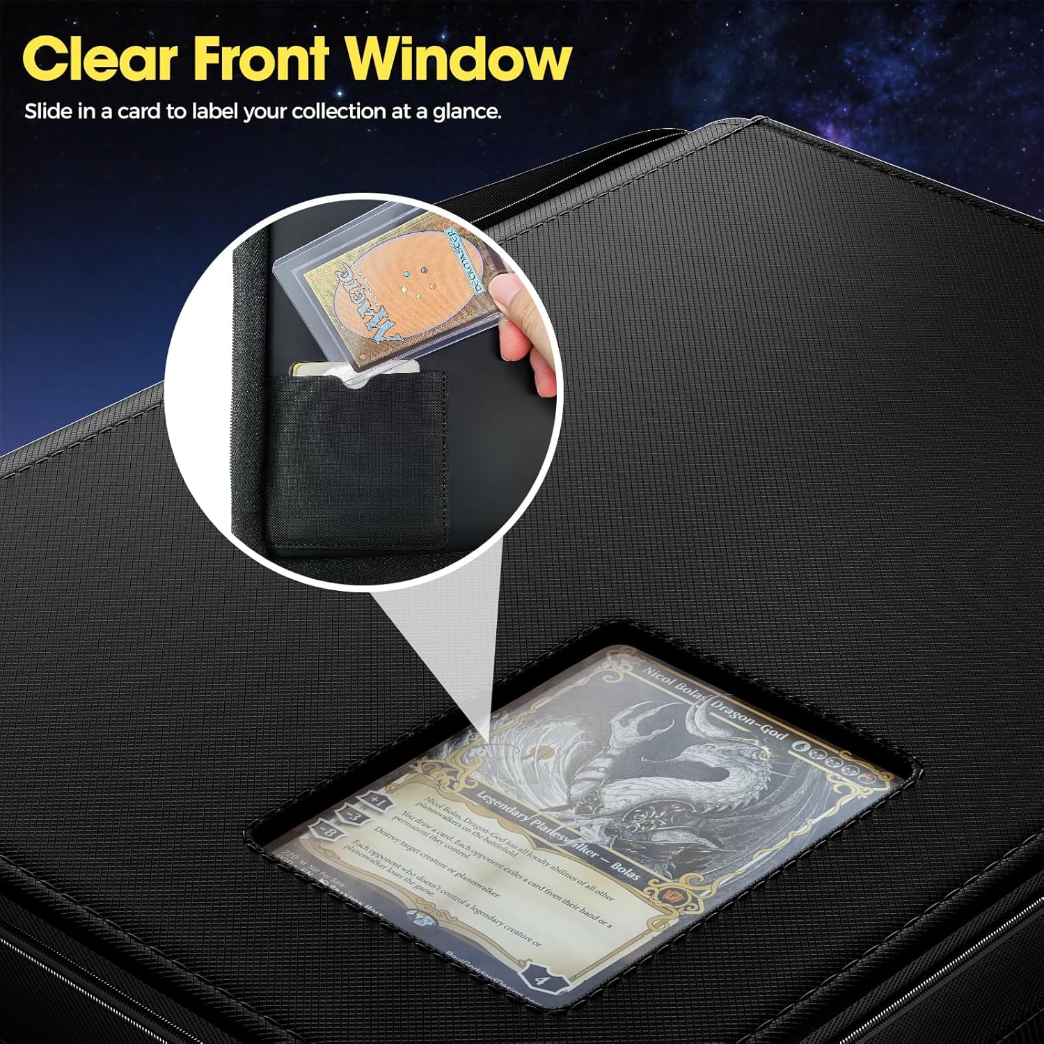 Detalle de ProCase Sammelkarten Album mit Fenster für 144 Toploader – 4 Taschen Binder mit Trageriemen, Schwarz