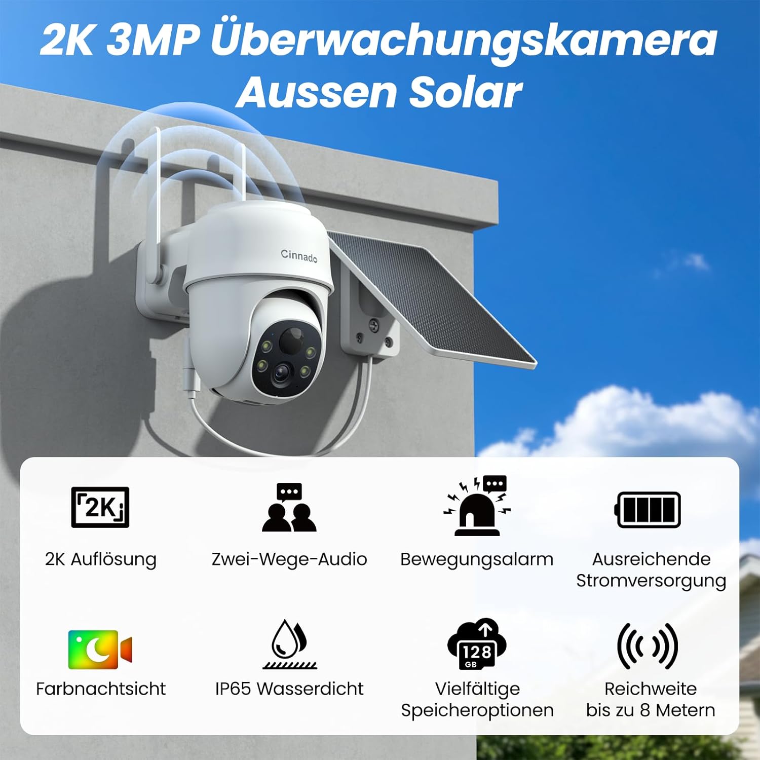 Detalle 2 de Cinnado Überwachungskamera Aussen Akku Solar – kabellos, 2K, 360° PTZ, IP65