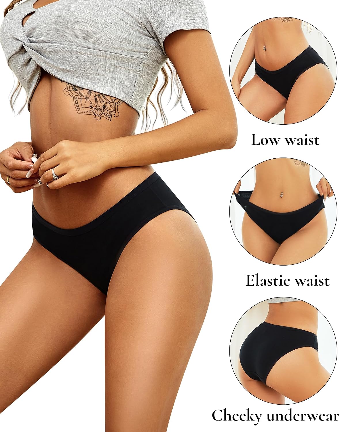 Detalle de ALL OF SHE 6-Pack Cotton Hipster Bikini Underwear for Women (Breathable, Stretch Soft, S–XXL)