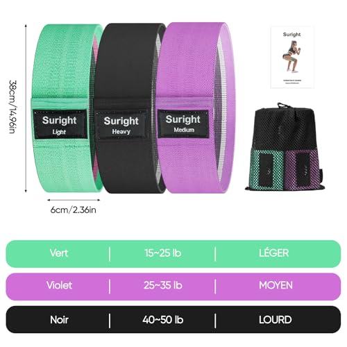 Detalle de Suright Bande Elastique Musculation en Tissu – Bande Élastique Fitness à 3 niveaux