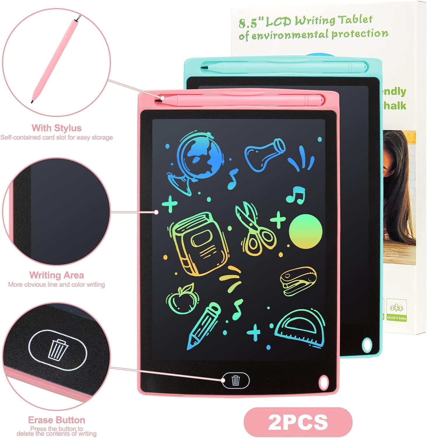 Detalle de kogabanny LCD Schreibtafel (2er-Set, 8,5 Zoll) mit umweltfreundlicher Hintergrundbeleuchtung für Kinder 3–10 Jahre
