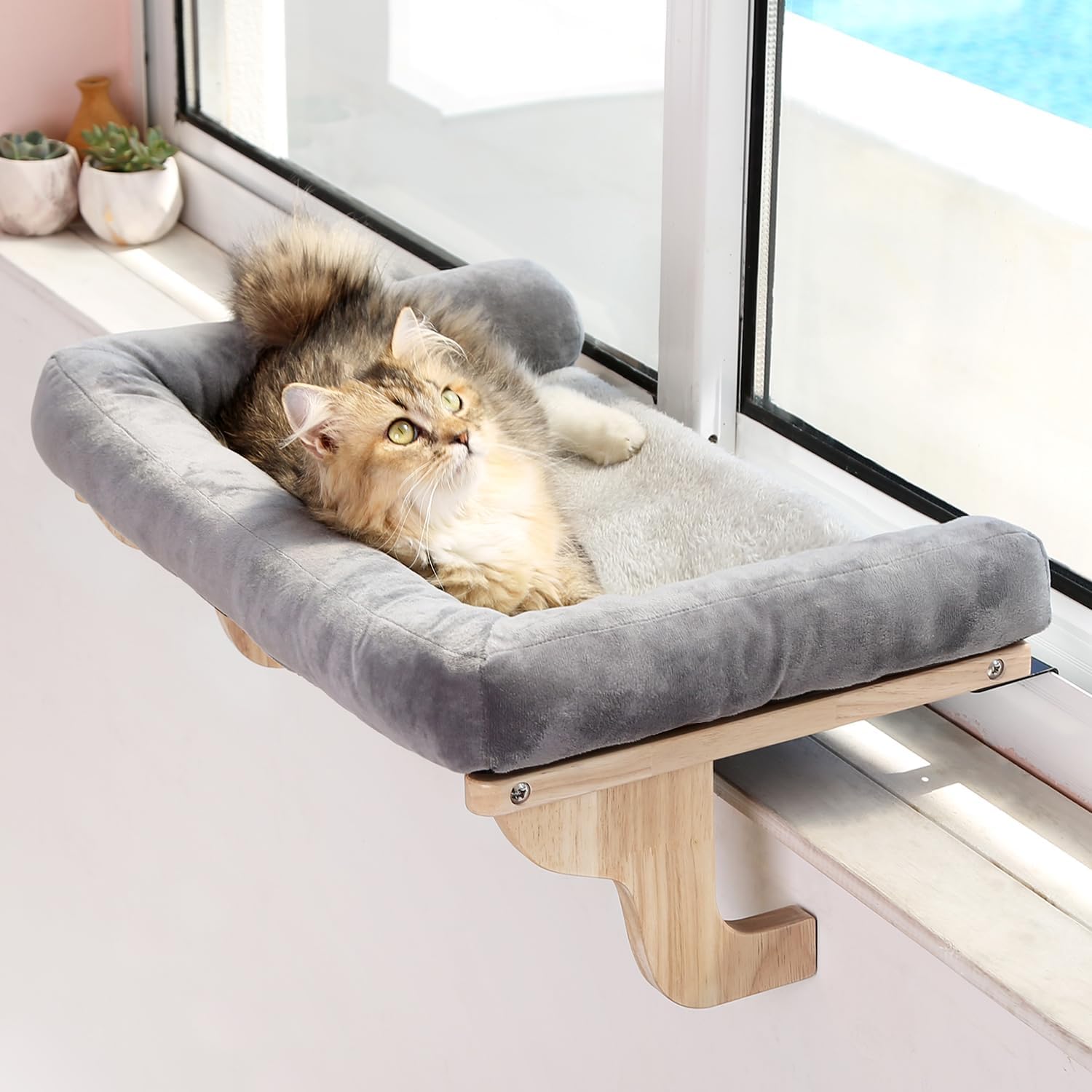 Detalle de Zakkart CWP03-L-GR-L XL Cat Window Perch with Washable Bed, Hardwood Frame