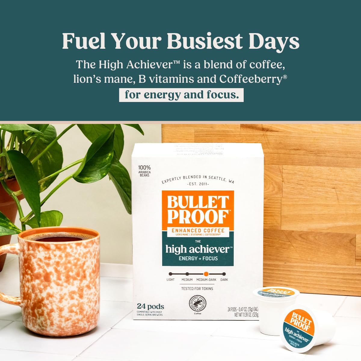 Detalle 2 de Bulletproof High Achiever CDK01-00059 Medium-Dark Roast Coffee Pods, 24 Count