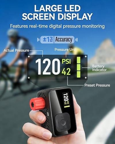 Detalle 2 de Bomba De Bicicleta Eléctrica GPUTEK: 120 PSI, portátil y con medidor digital para válvulas Presta y Schrader