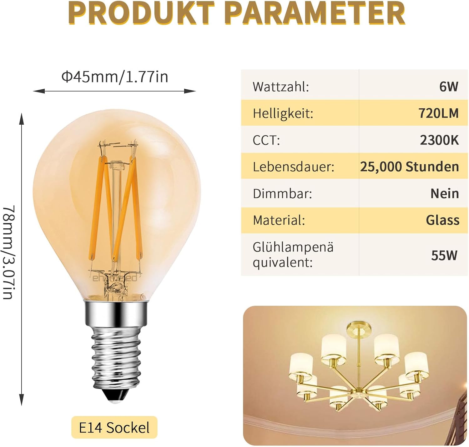 Detalle 2 de ehomeled E14 G45 LED Glühbirne 2300K