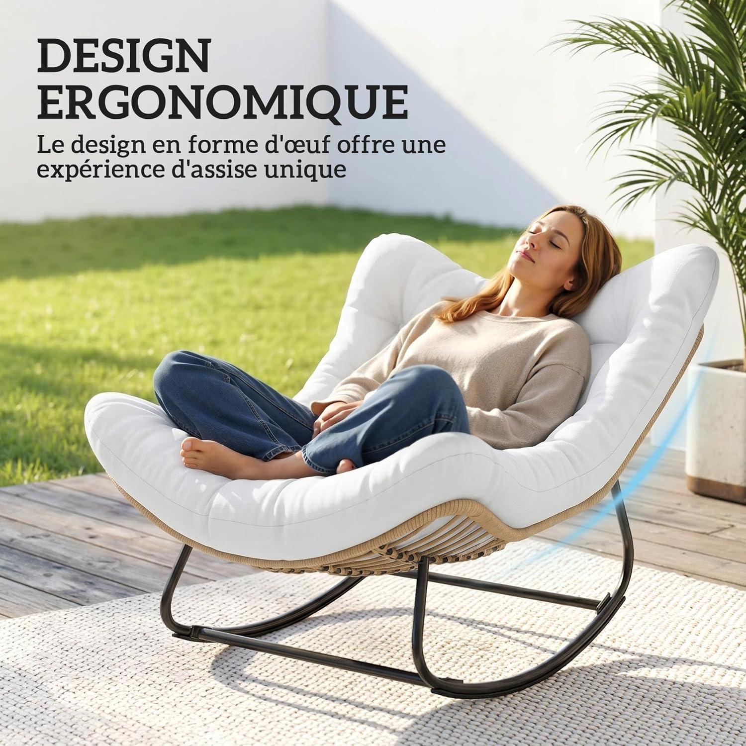 Thumbnail 3 de Outsunny Fauteuil à Bascule en forme d'œuf – résine tressée, coussin rembourré, crème