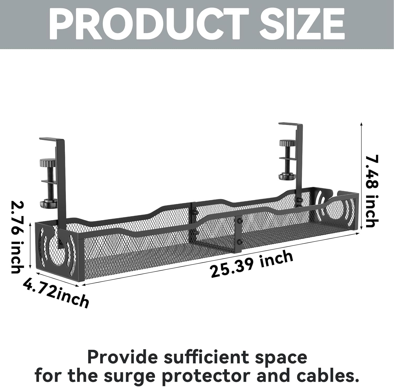 Detalle de Cable Management 25.3'' Under Desk Tray — No Drill, Metal Cord Organizer with Clamp