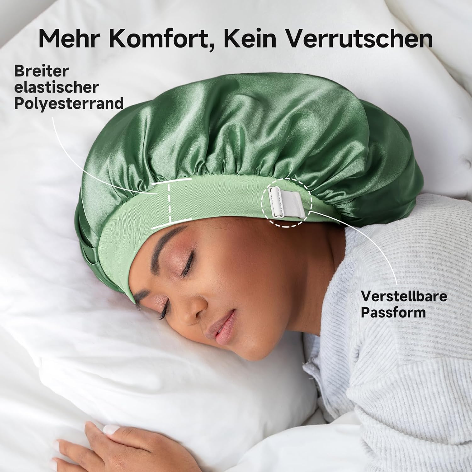 Detalle de Umisleep 22 Momme Schlafhaube aus Maulbeerseide (Doppelschicht) – verstellbar, rutschfest & Haarschutz für langes Haar