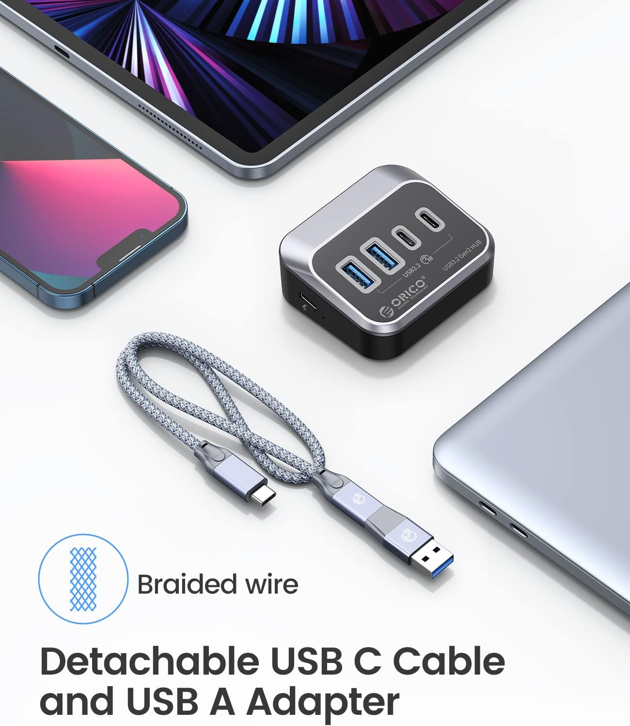 Detalle de ORICO 4-Port USB Hub 3.2 Gen 2 mit 2 Typ-A und 2 Typ-C, 10 Gbit/s – kompatibel mit Mac/PC/PS5