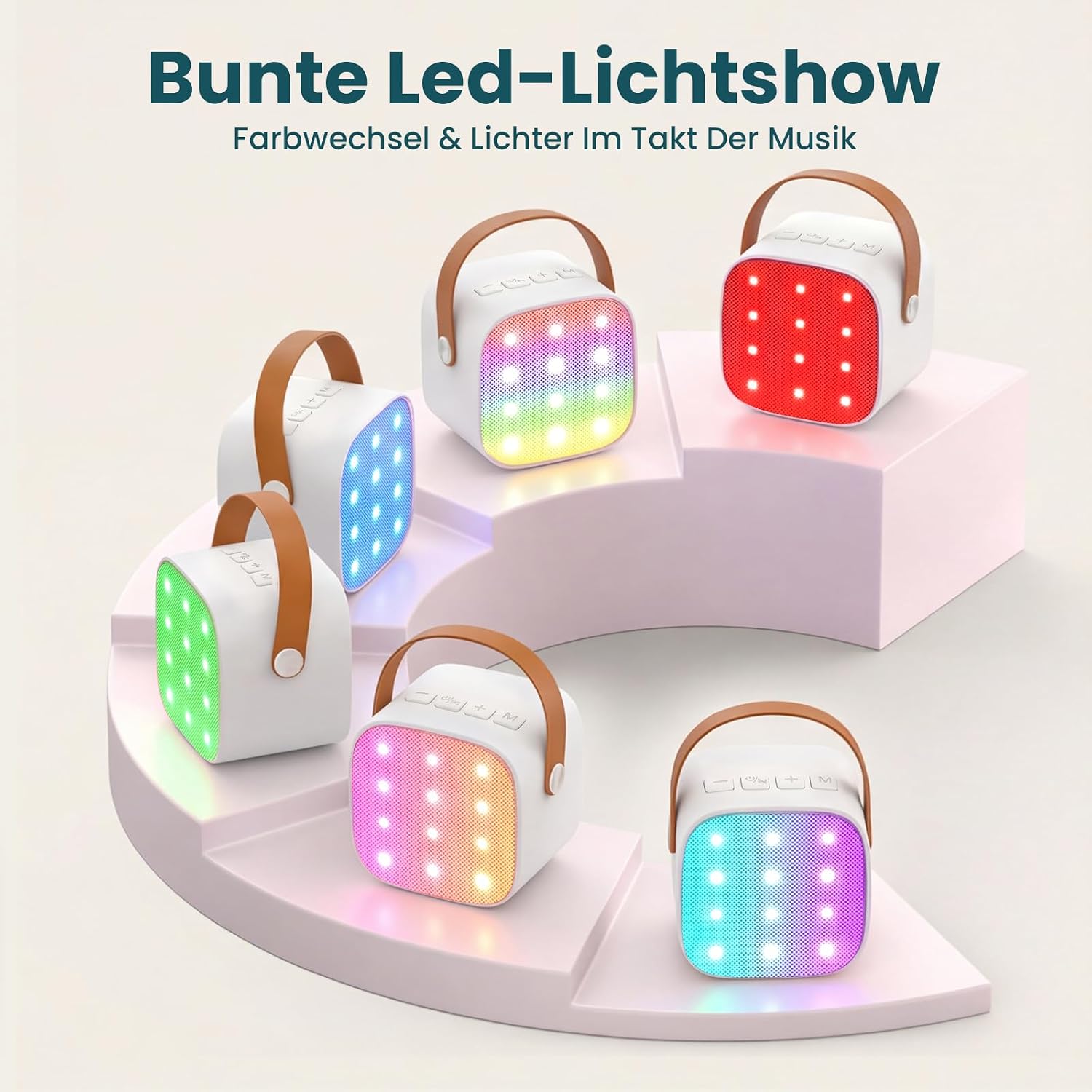 Detalle 2 de Kinder Karaoke Maschine mit Bluetooth-Lautsprecher, 2 Mikrofone, LED-Lichteffekte – Tragbare Karaoke-Box (Weiß)