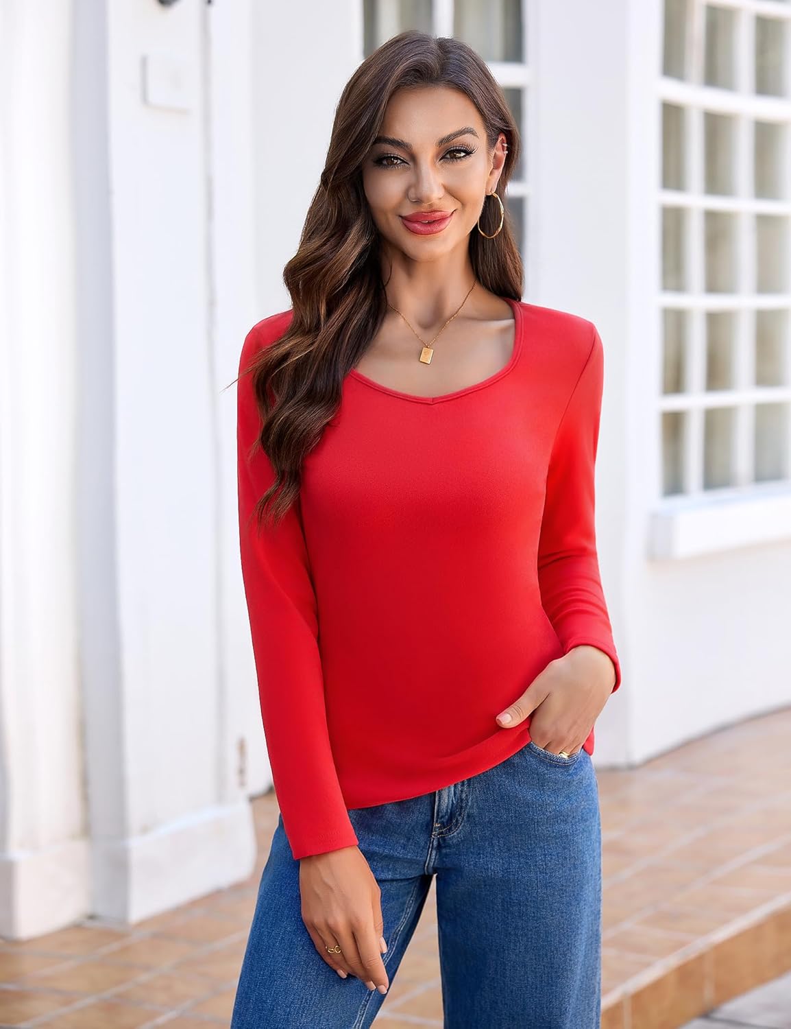 Detalle de Haut Thermique Femme à Manches Longues Aottori – T-shirt léger, slim fit, col carré, base hiver/automne