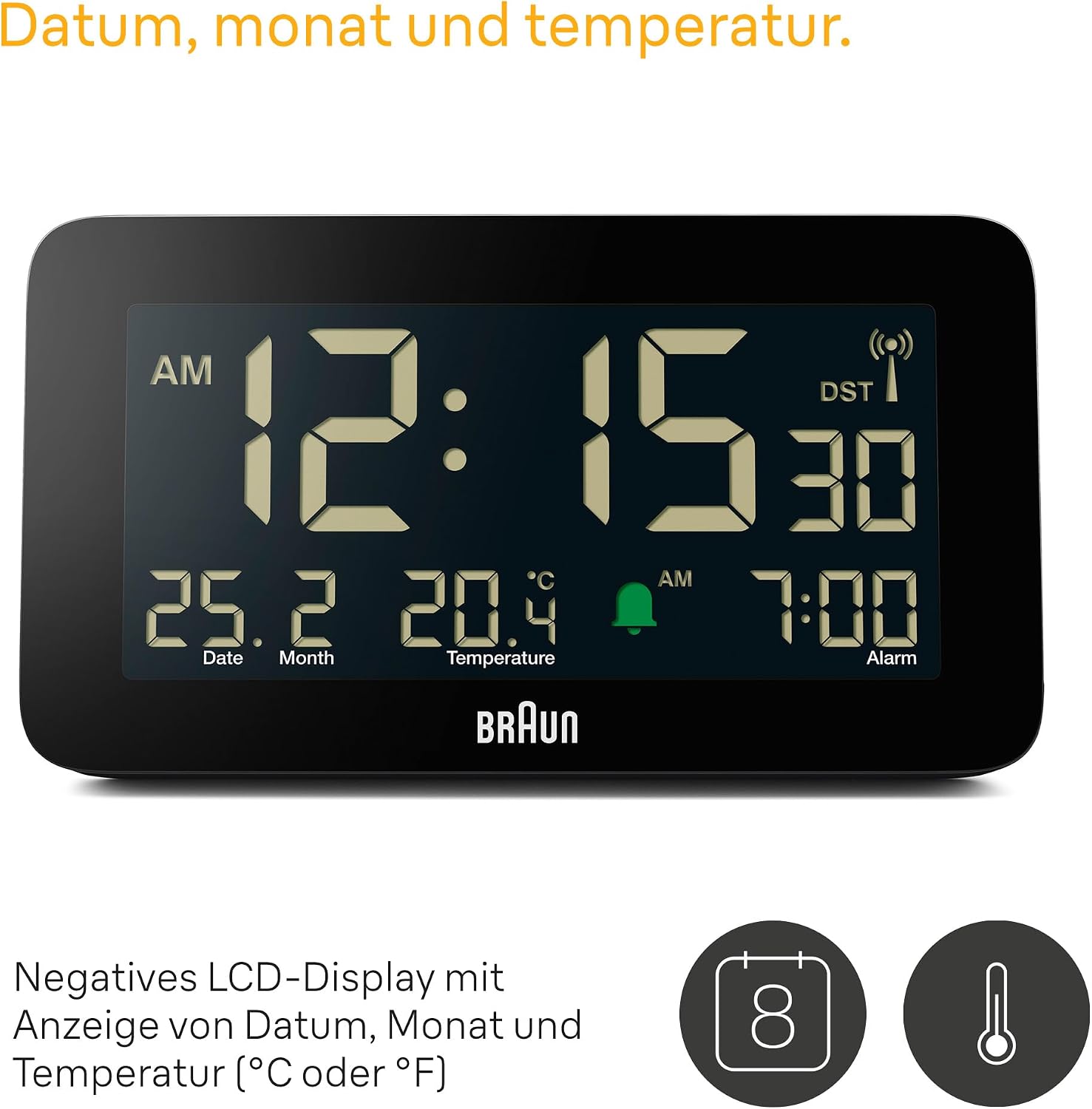 Detalle 2 de Braun Funk-Digitalwecker BC10B-DCF – Funkgesteuert mit Datums-, Monats- und Temperaturanzeige