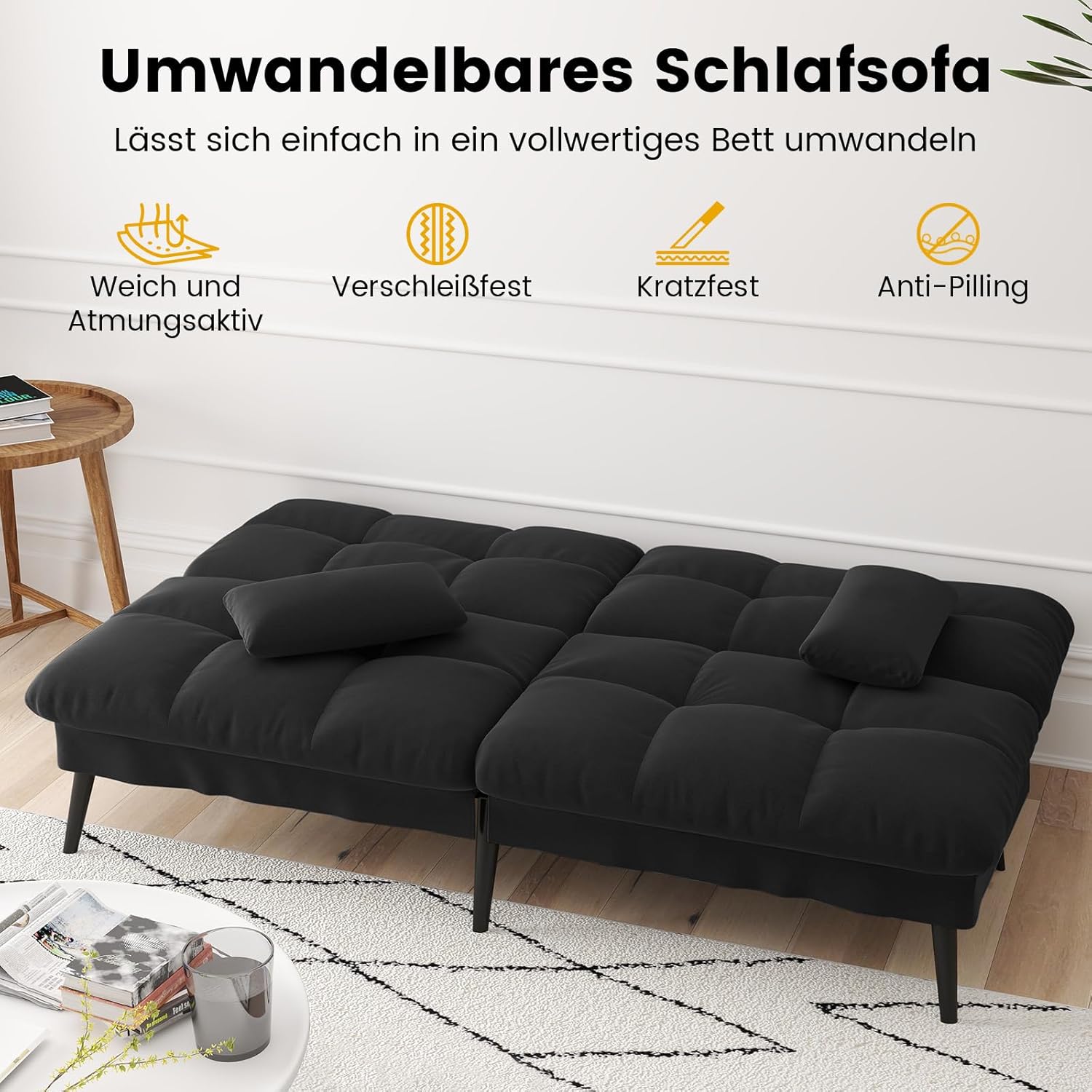 Detalle de LUCKRACER Sofa 3 Sitzer Schlafsofa mit 5-fach verstellbarer Rückenlehne – Schwarz