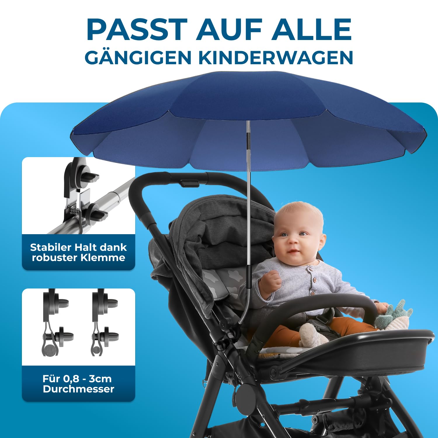 Thumbnail 2 de STYNGARD Sonnenschirm für Kinderwagen – UV-Schutz 50+, 70 cm Durchmesser mit Überhang (Modell ROME)