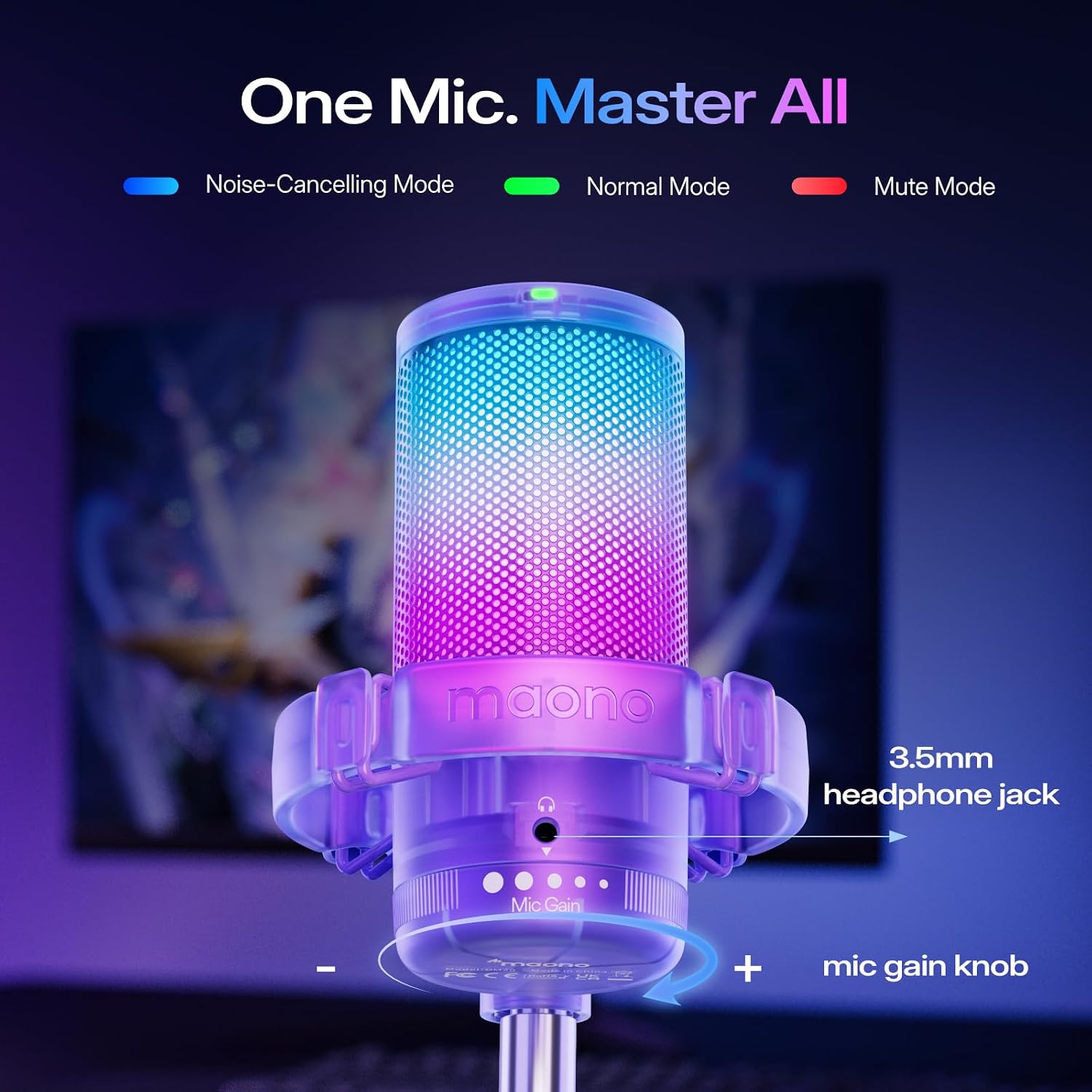 Detalle 1 de MAONO DGM20S USB Gaming Microphone, Purple, RGB Lighting and Boom Arm