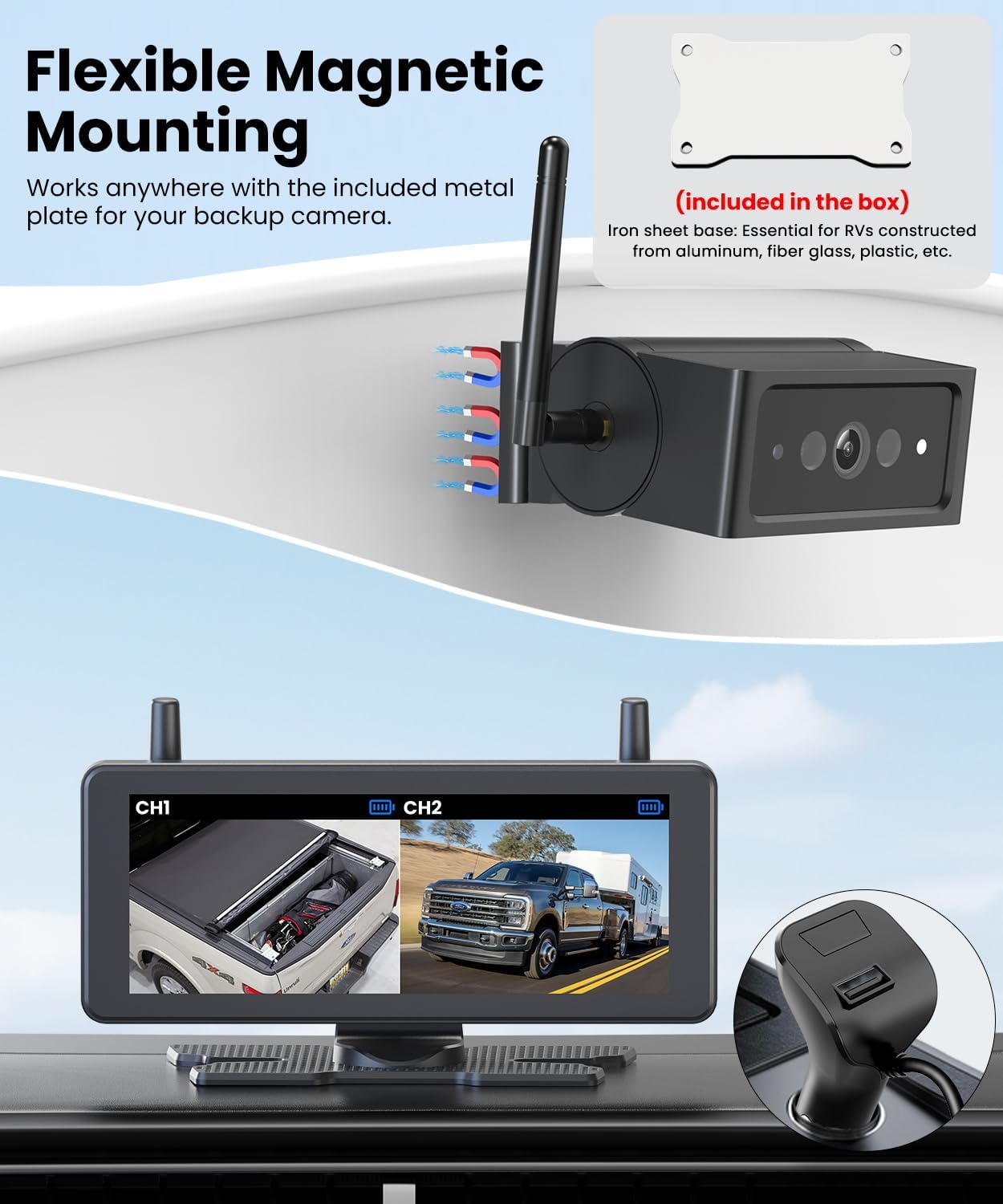 Thumbnail 2 de AUTO VOX Wireless Backup Camera Magnetic: Portable, No-Wiring 1-Min Install with 7.2" Dual Cam Split-Screen 1080P Monitor