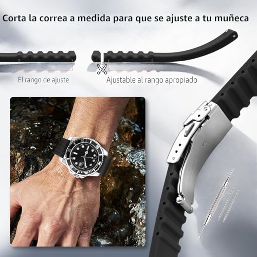 Detalle de ULLCHRO Correa de reloj en silicona con hebilla desplegable 22mm negro
