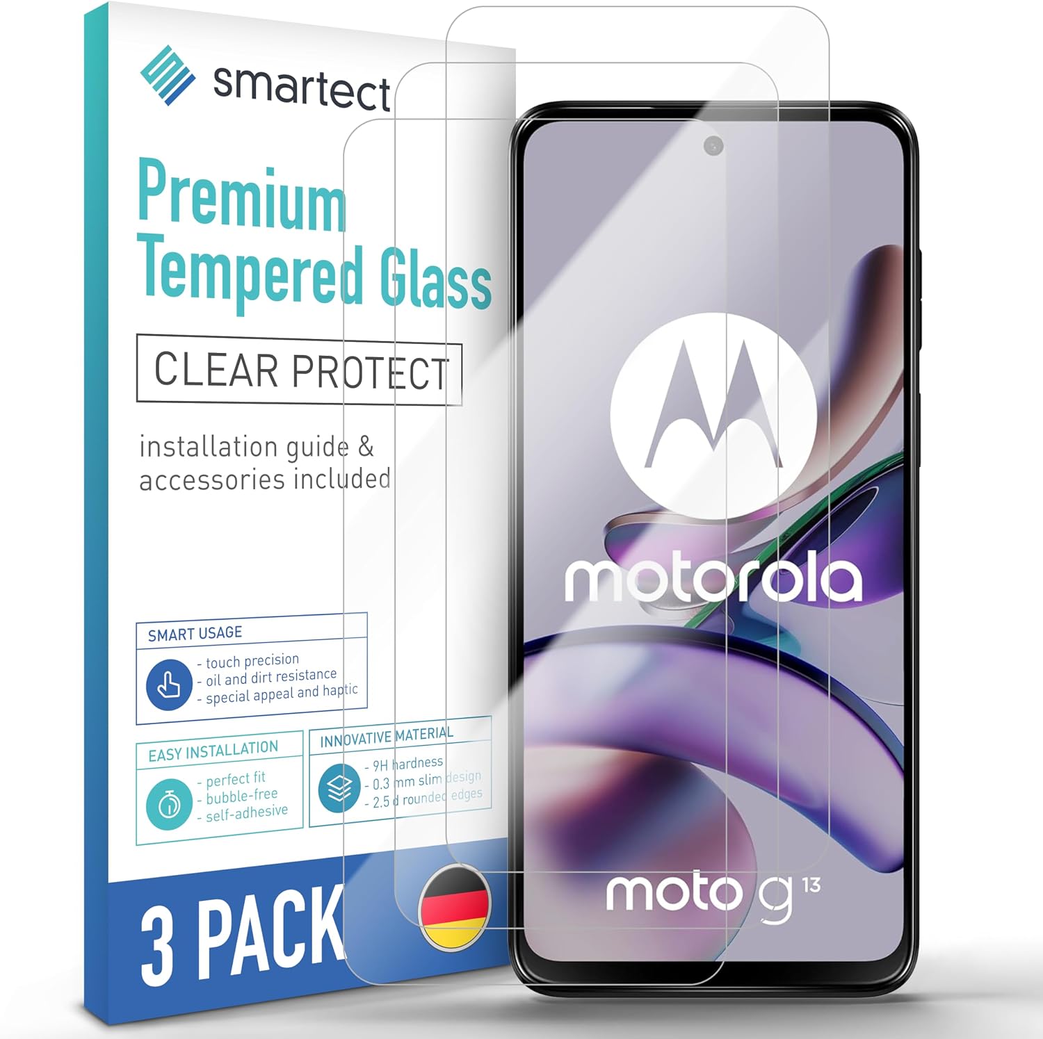 Detalle de SmarTect Tempered Glass Screen Protectors for Motorola Moto G13, G23 and G53, 3-Pack