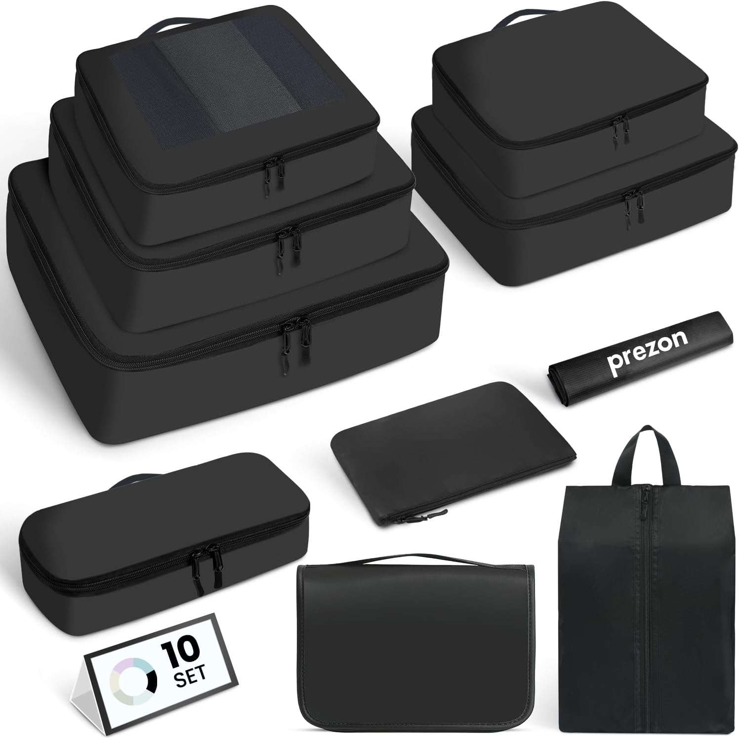 Detalle de Prezon Packing Cubes for Suitcase 10 Set (Black) – lightweight travel organisers with see-through mesh