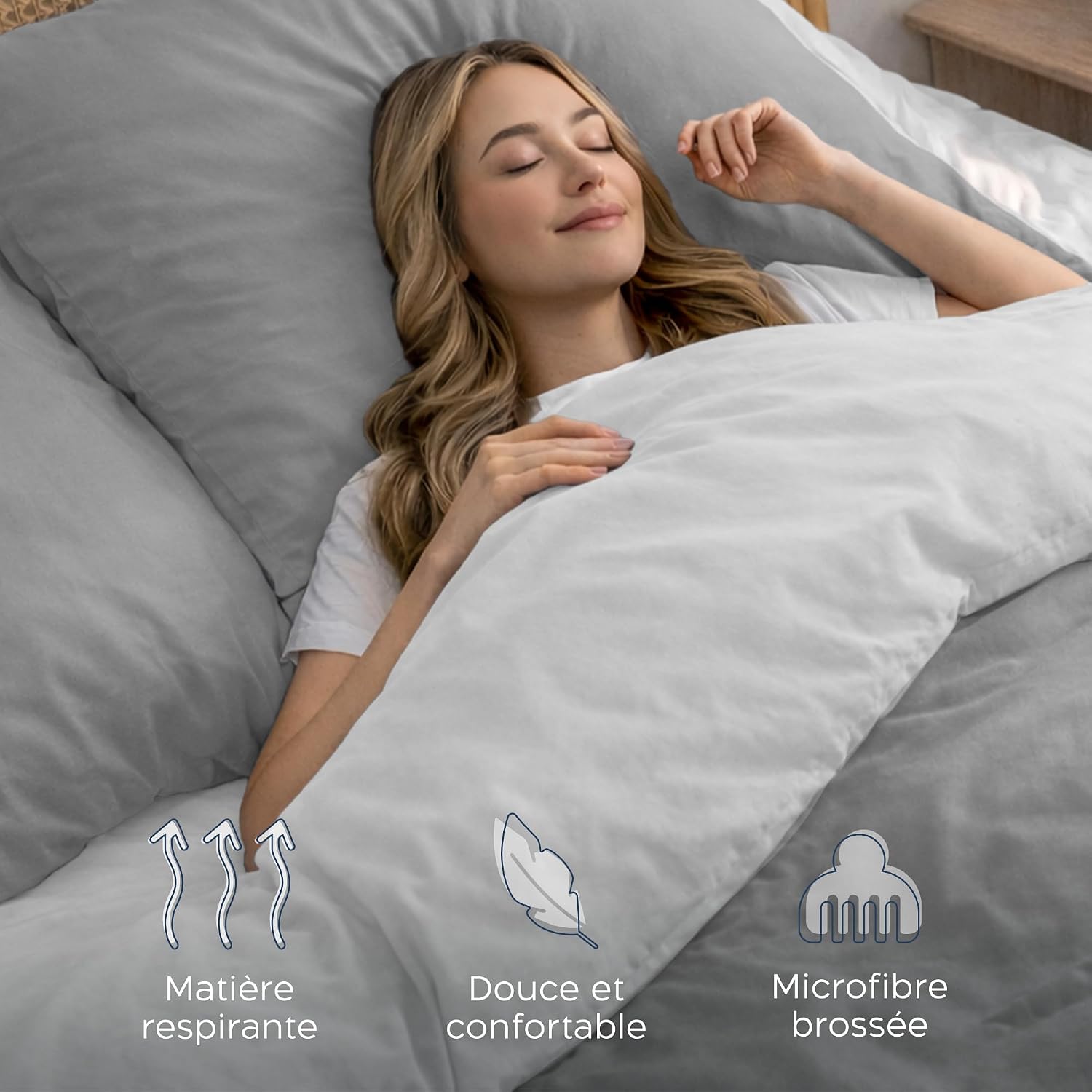Detalle de Twinzen Parure de lit 220x240 réversible en microfibre grise claire/blanc avec 2 taies 65x65