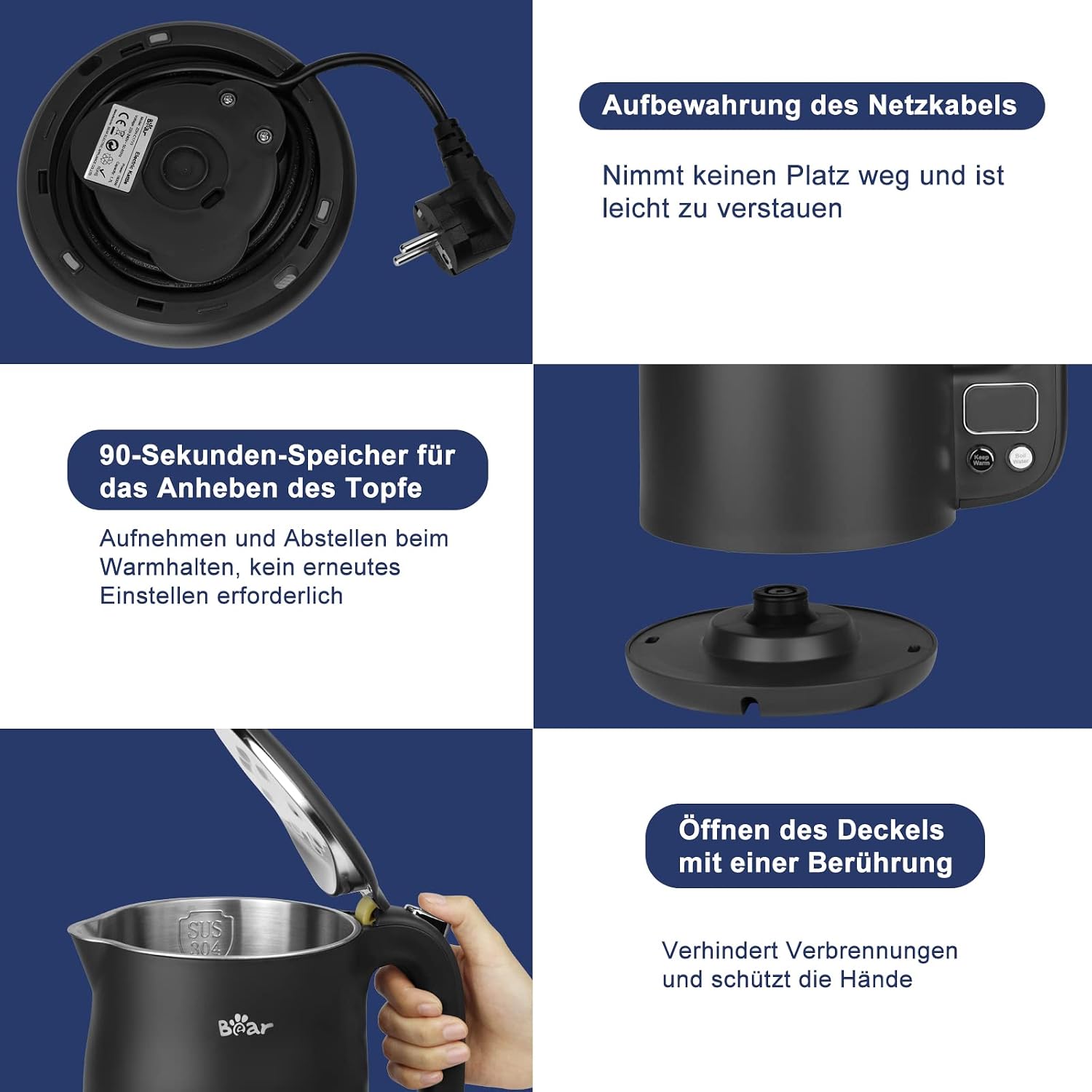 Thumbnail 6 de Bear 1.7L Edelstahl-Wasserkocher mit 11 Temperaturen, 1800W und Strix Thermostat