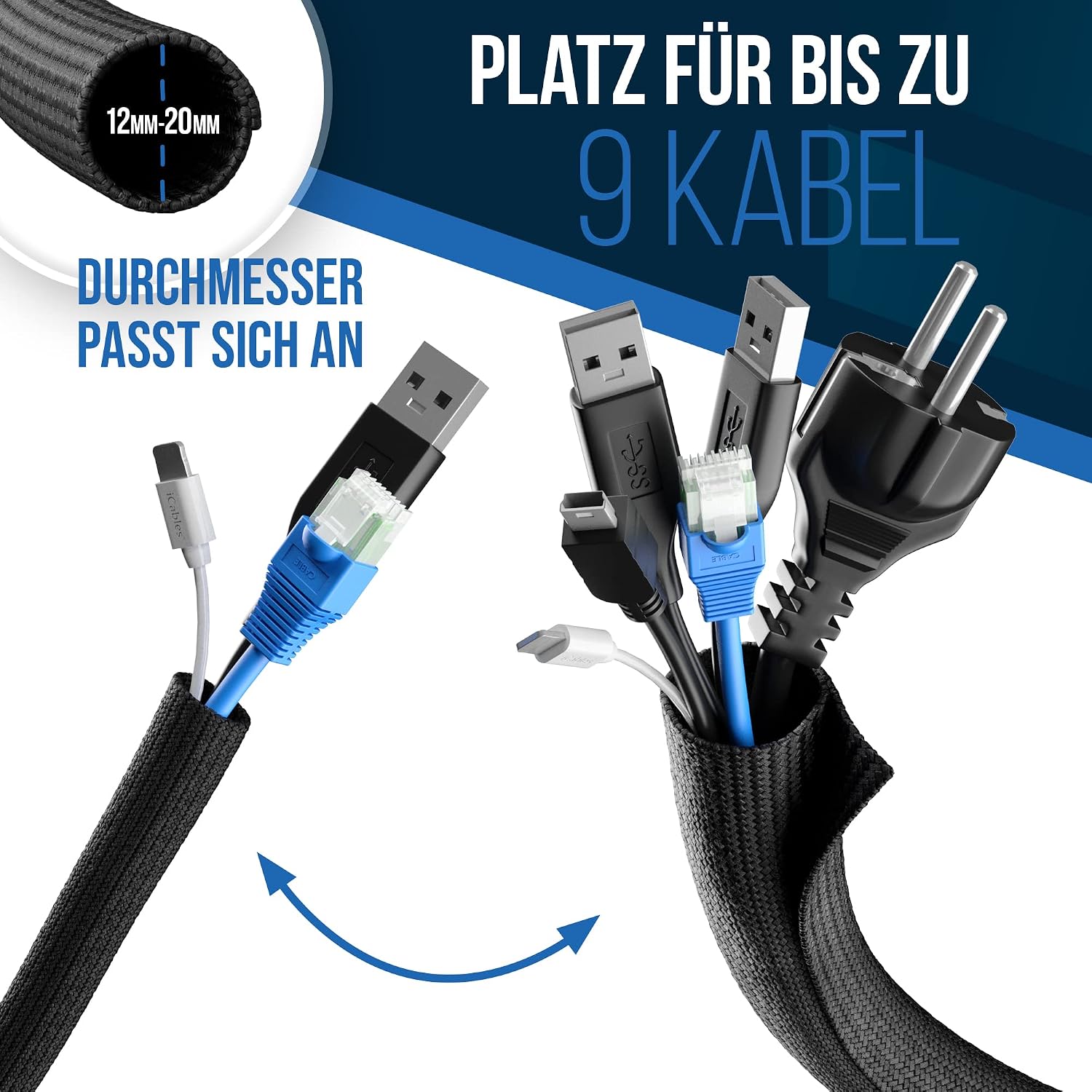 Thumbnail 1 de DOMAR Kabelschlauch selbstschließend 3 m – flexibler Kabelkanal schwarz für Schreibtisch und TV