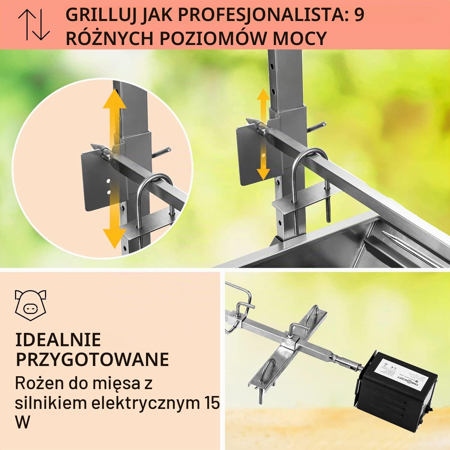 Detalle 2 de OneConcept GQ8-SAUENLAND – grill węglowy 2 w 1 z rożnem i silnikiem