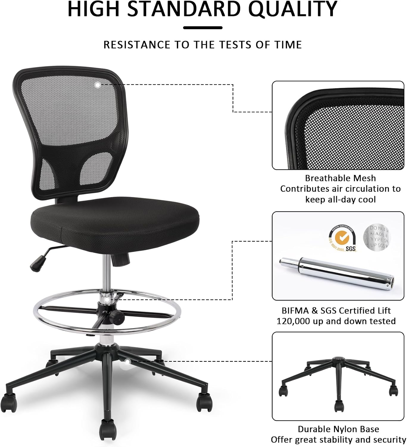 Thumbnail 5 de Armless Drafting Chair Tall Office Chair with Adjustable Height, High Back, Foot Rest, and Rolling Wheels