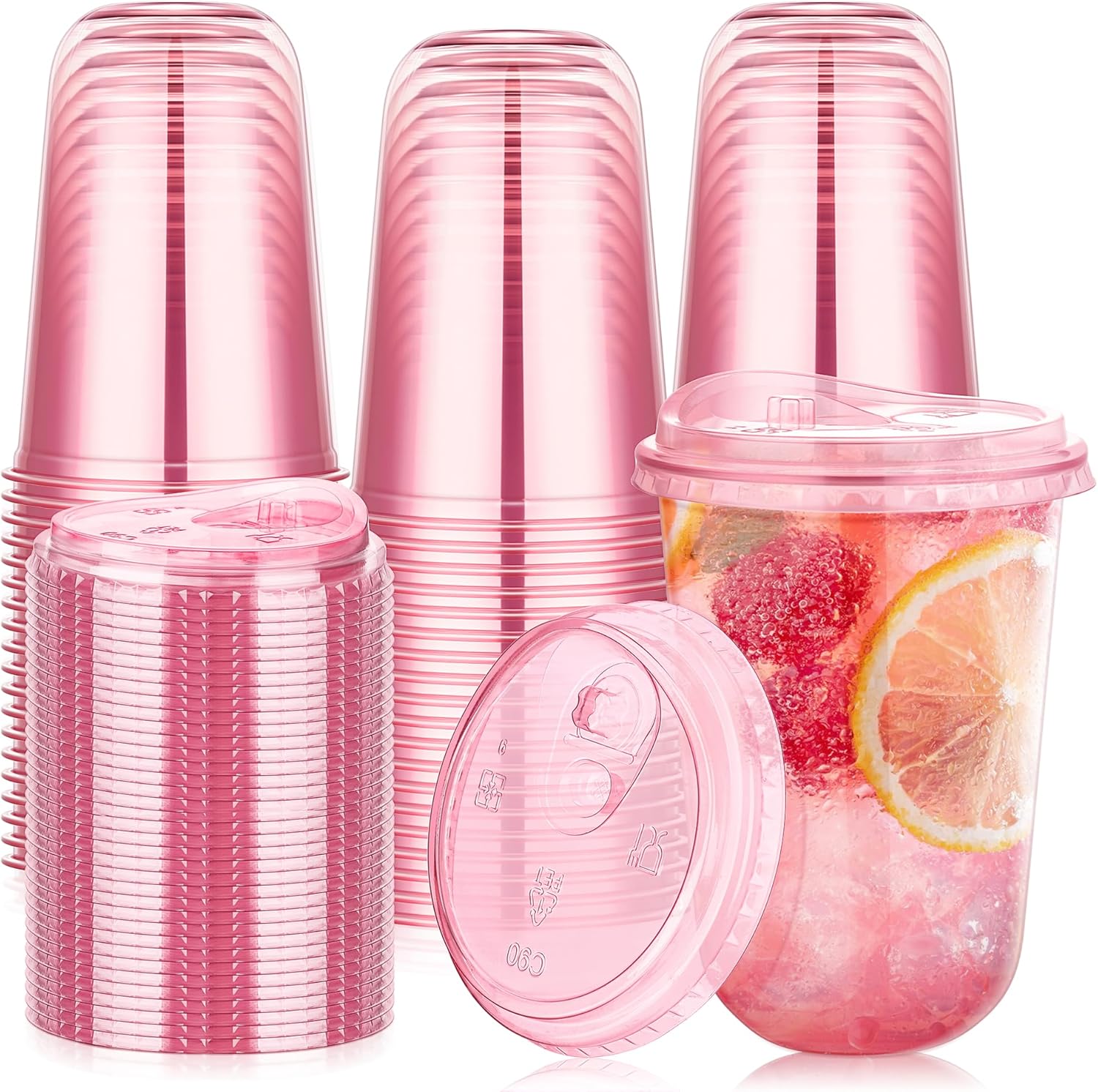 Detalle de KesaPlan 50 Pack 16 oz Pink Plastic Party Cups with Sip Lids