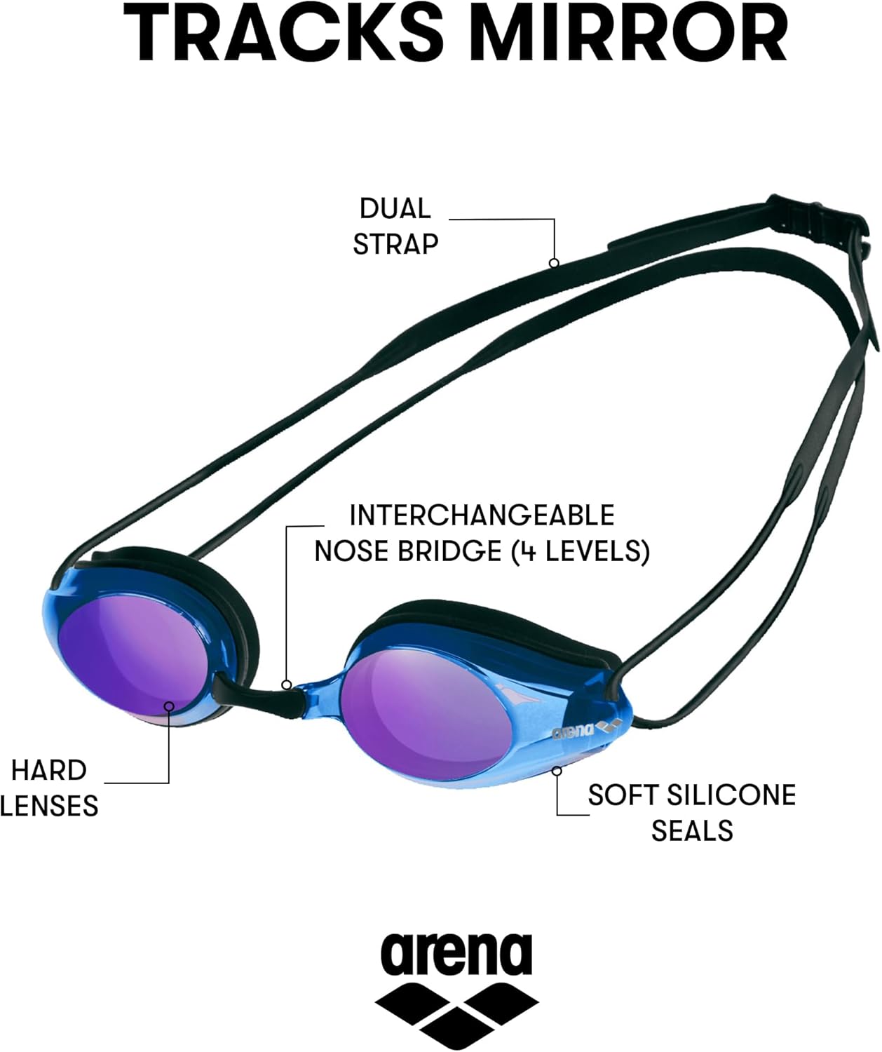 Thumbnail 1 de arena Tracks Occhialini Nuoto da Gara Anti-Appannamento con protezione UV e 4 ponti nasali intercambiabili