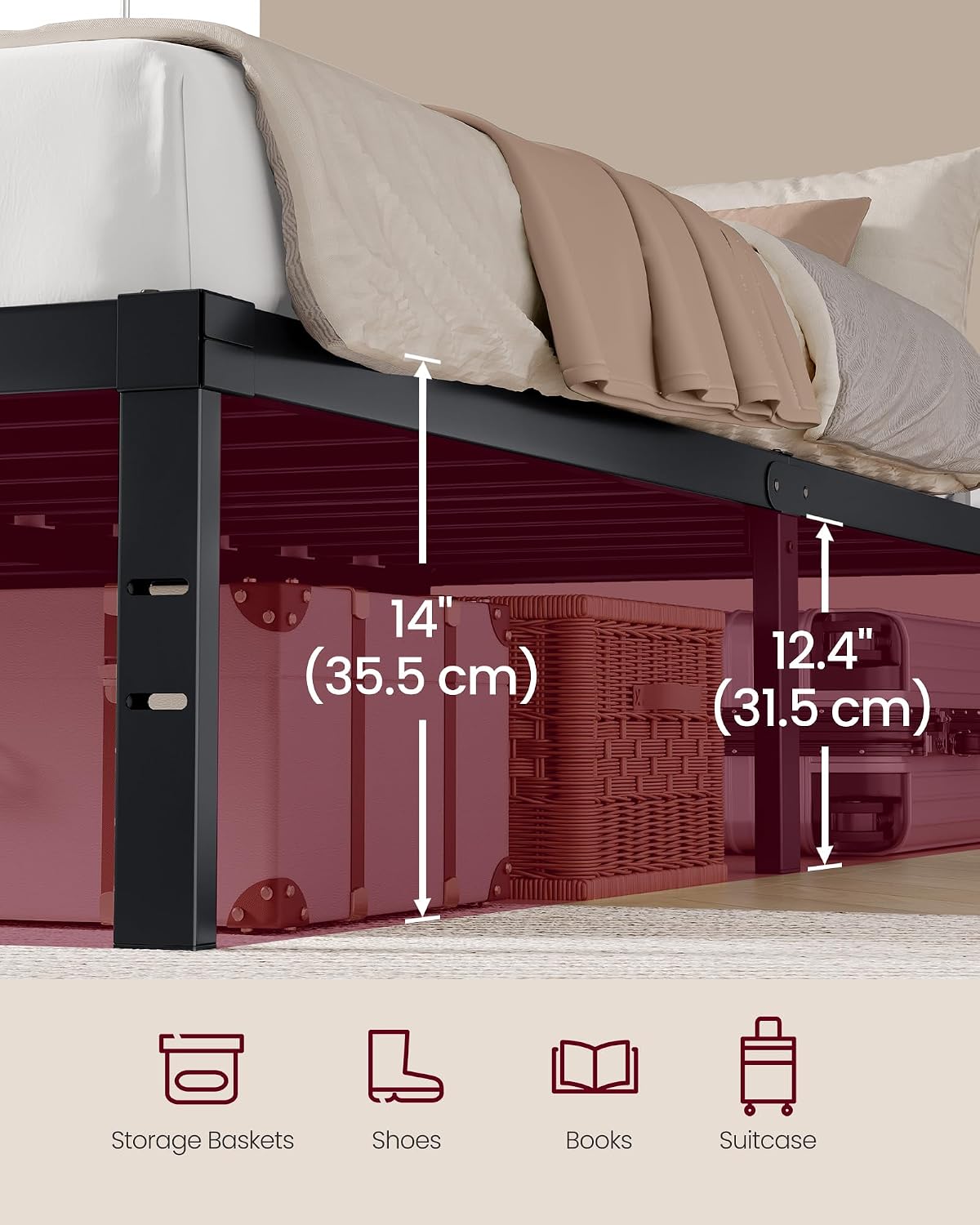 Detalle 2 de VASAGLE URMB651BD02 Queen Metal Bed Frame, 14-Inch Platform with Storage