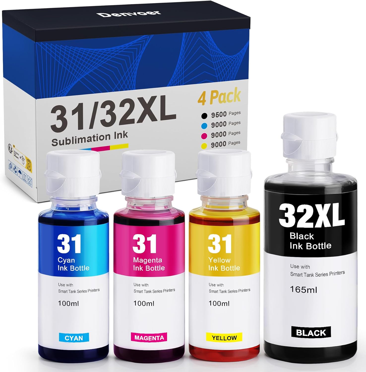 Detalle de Denvoer 31/32XL Tintenbundle für HP Smart Tank – 4 Flaschen, hoher Fassungsinhalt, einfache Nachfüllung