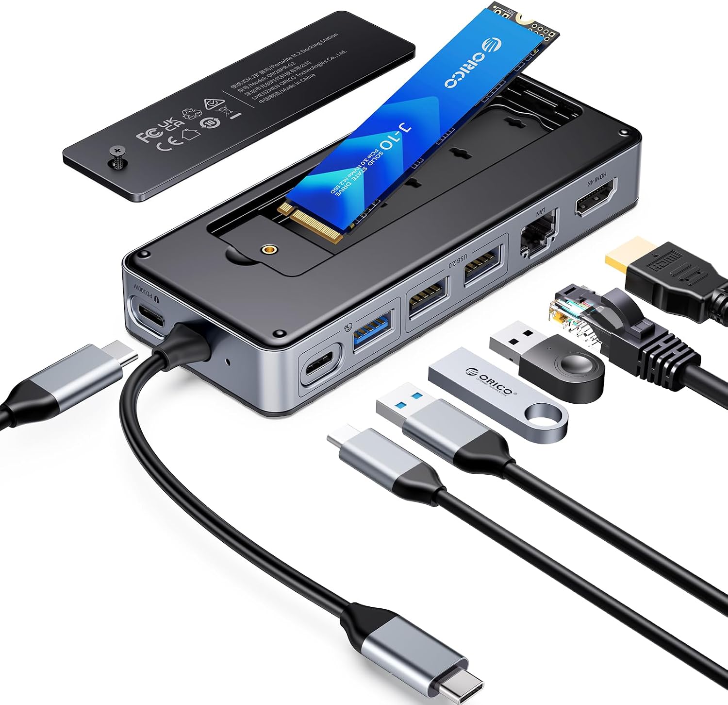 Detalle de ORICO OM28PR Docking Station USB-C 8 in 1 con case per SSD M.2 NVMe/SATA e HDMI 4K@60Hz