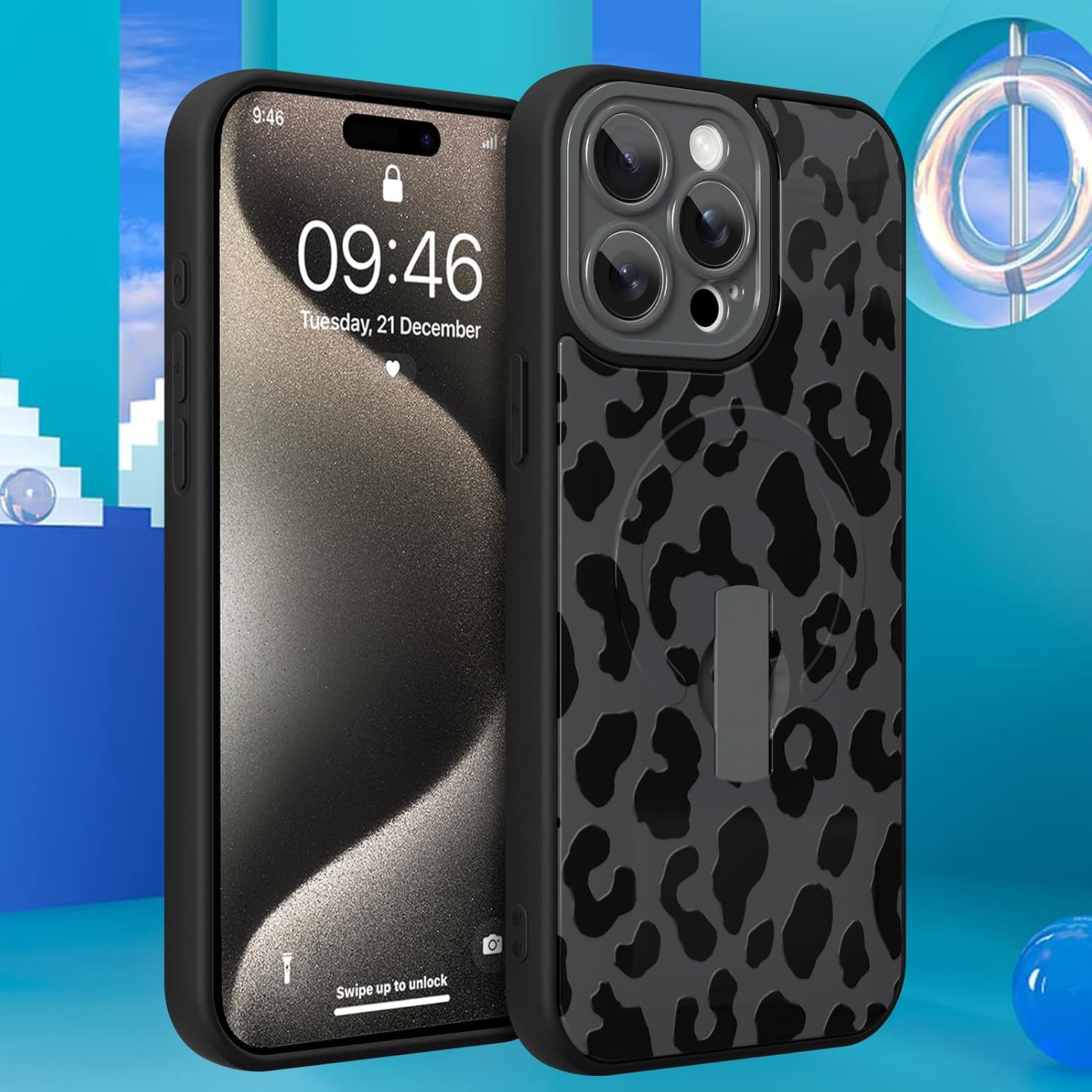 Thumbnail 5 de Ufbara Mag15PM-LeoBla iPhone 15 Pro Max Case with Leopard Print and Kickstand