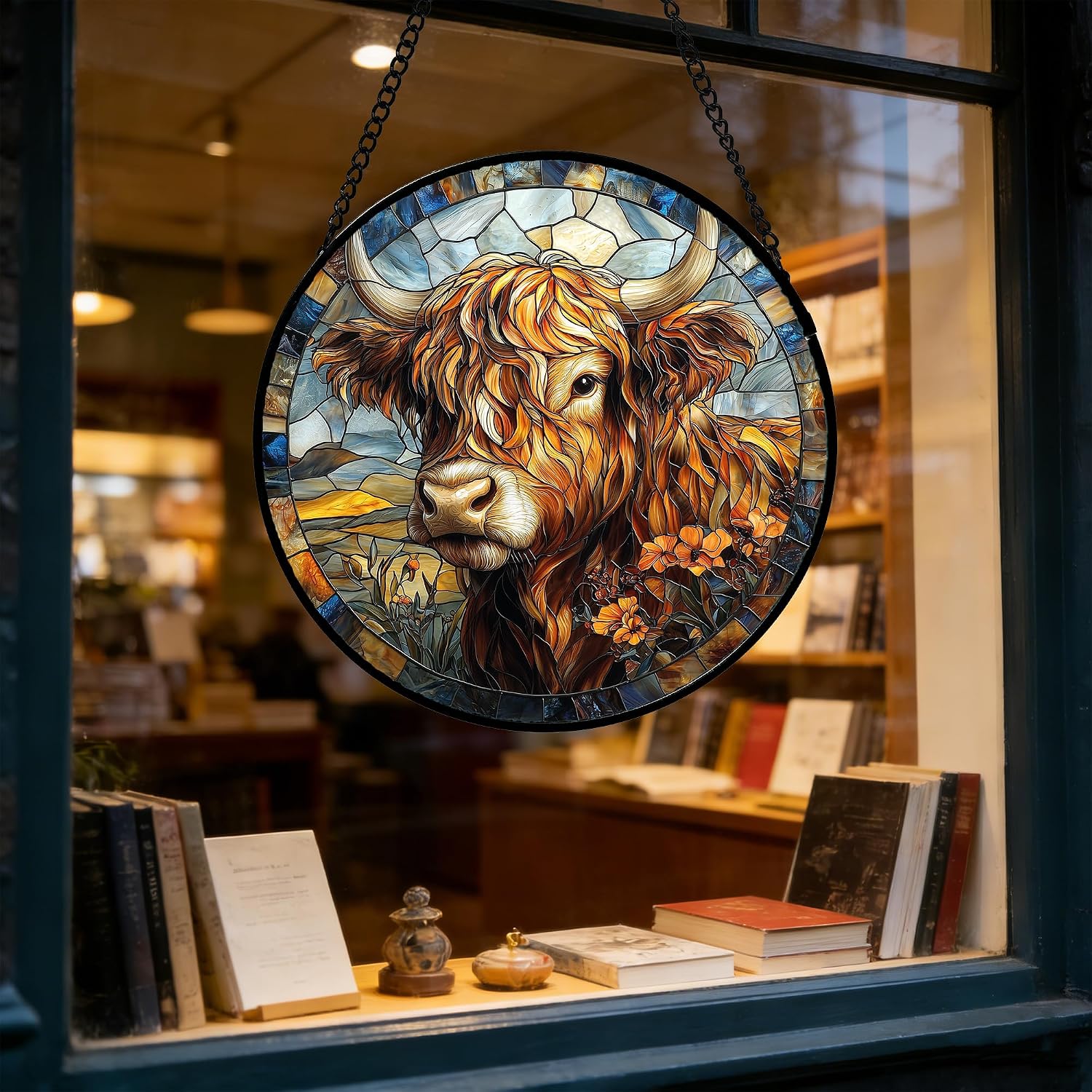 Detalle 1 de DASTOLL Scottish Highland Cow Stained Glass Suncatcher, 9.8-Inch Hanging