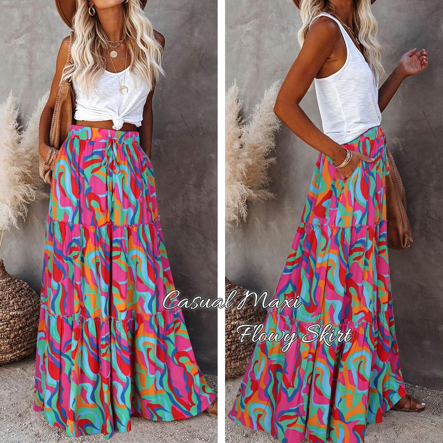 Thumbnail 1 de EARKOHA Women’s Boho Maxi Skirt 2026 Summer – High-Waist, Flowy with Pockets